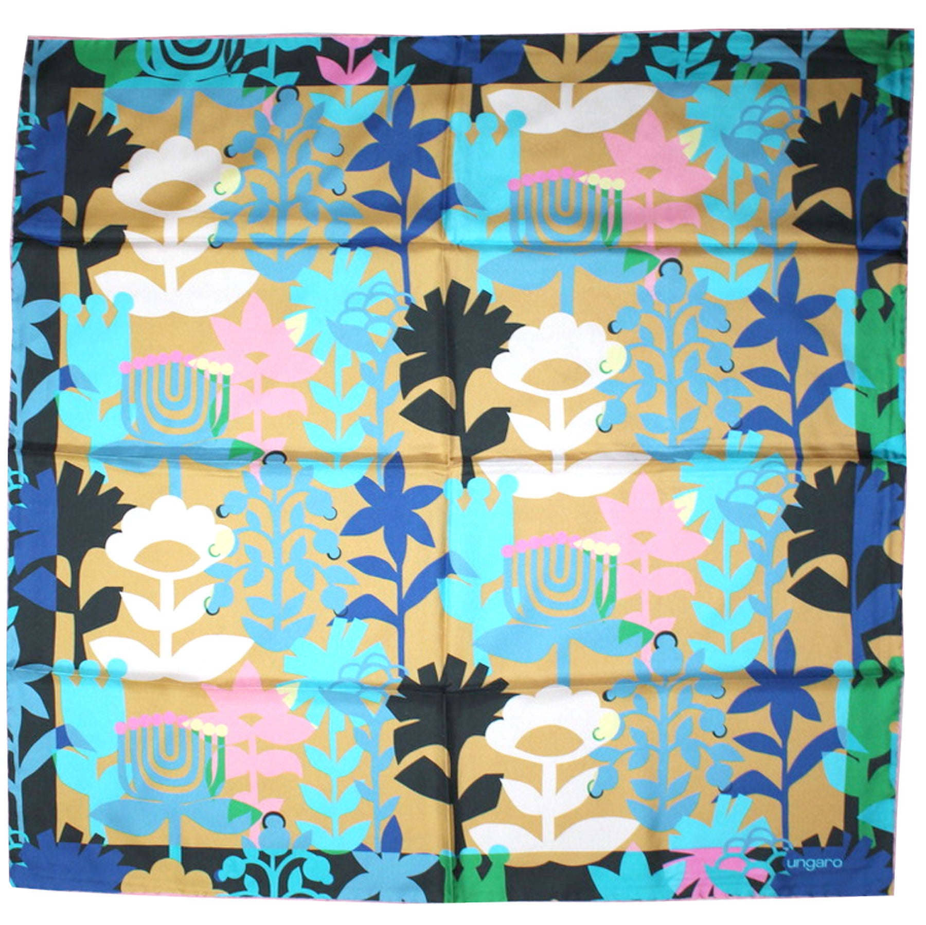 Ungaro Scarf Taupe Pink Blue Floral - Twill Silk Square Foulard