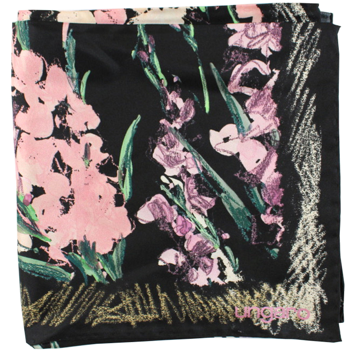 Ungaro Scarf Black Pink Green Floral - Twill Silk Square Foulard