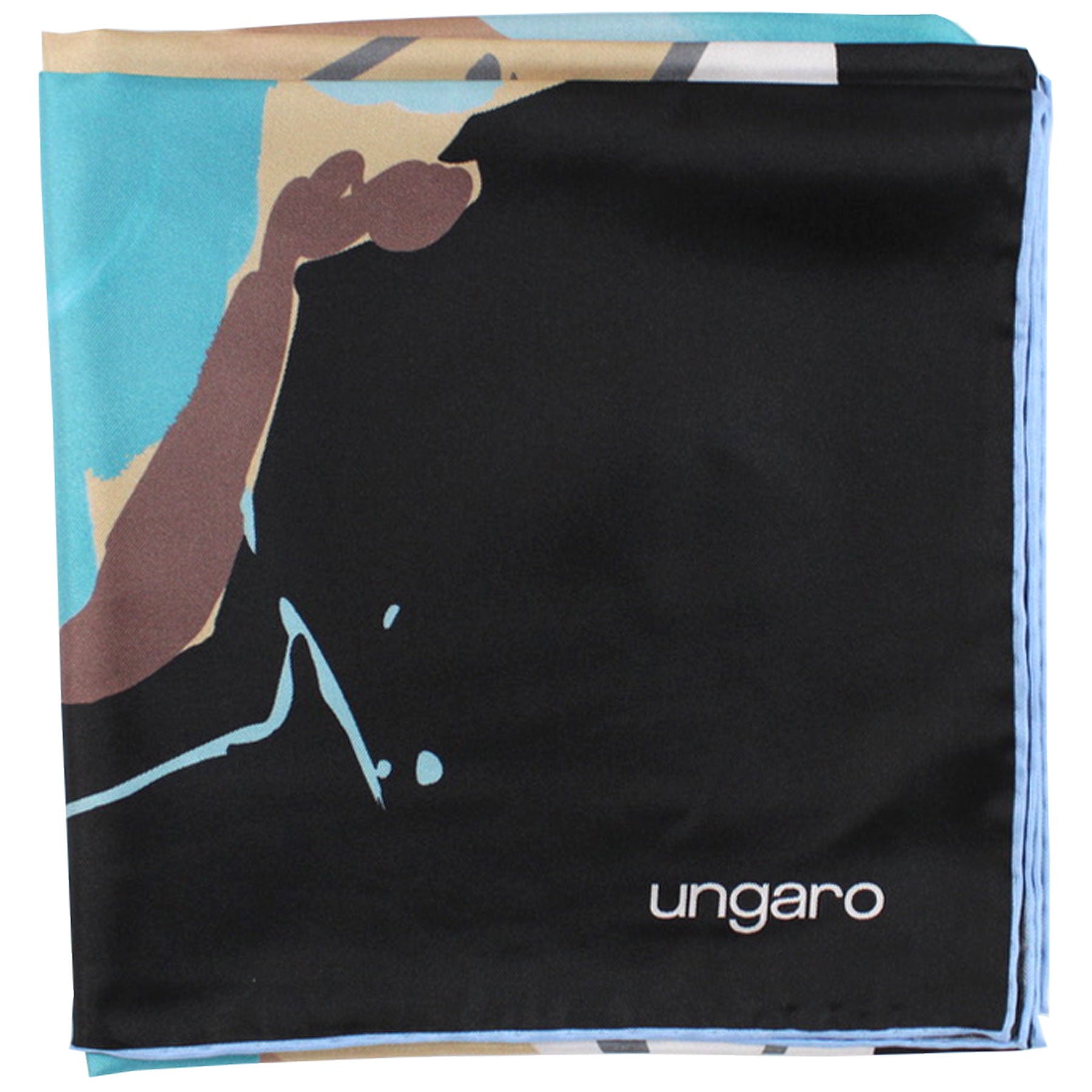 Ungaro Scarf Black Brown Aqua Floral - Twill Silk Square Foulard