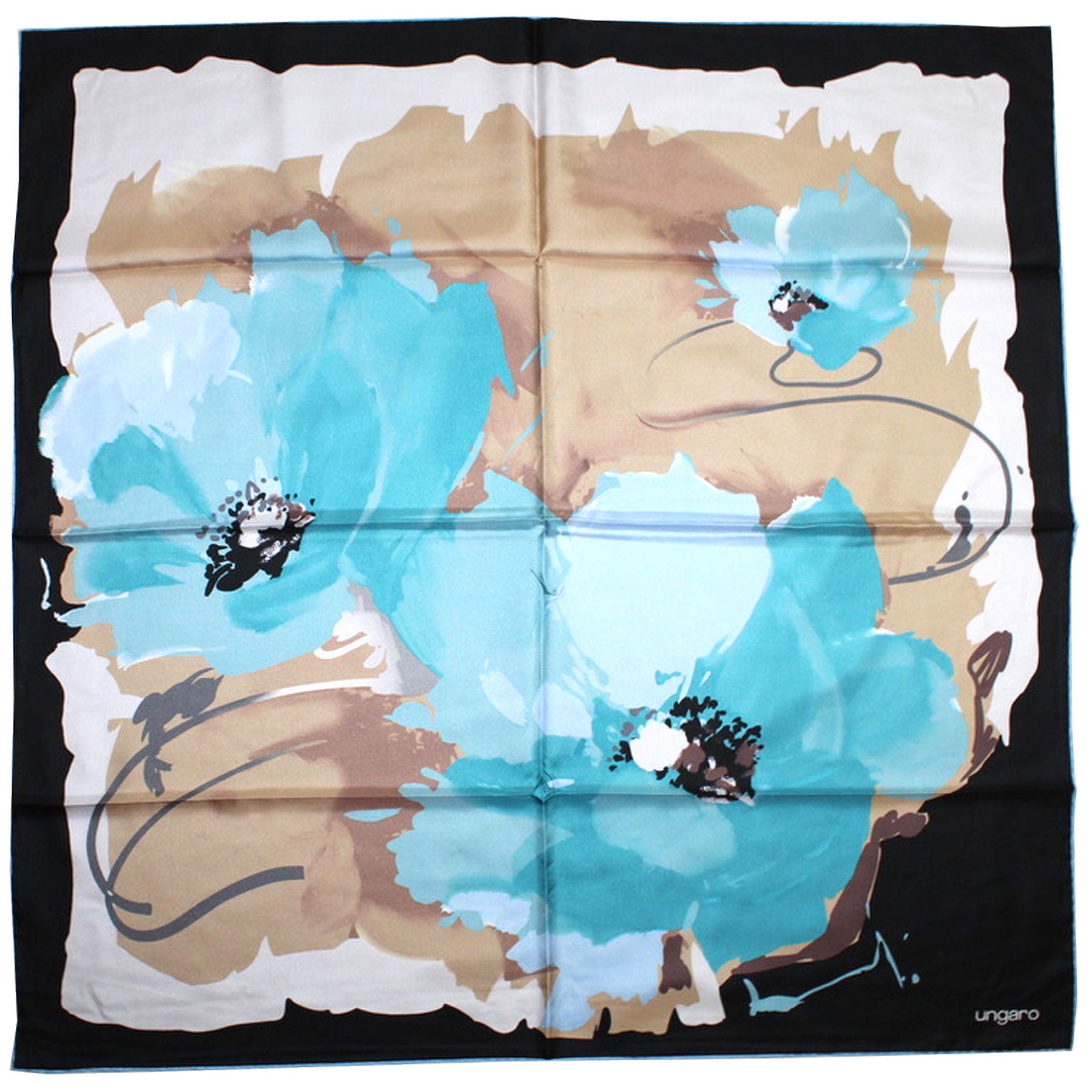 Ungaro Scarf Black Brown Aqua Floral - Twill Silk Square Foulard