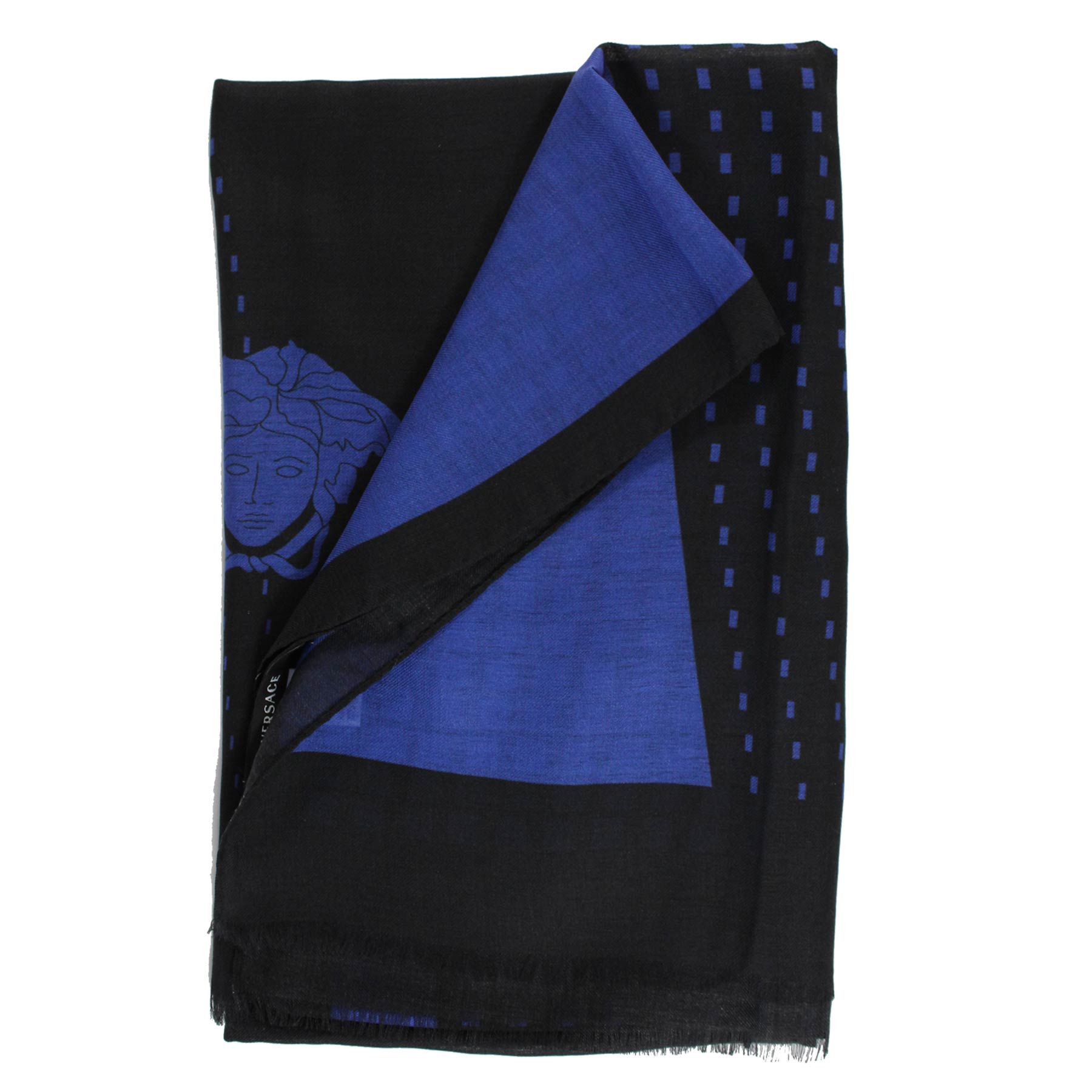 Versace Scarf Black Royal Blue Geometric & Medusa  - Modal Cashmere Shawl