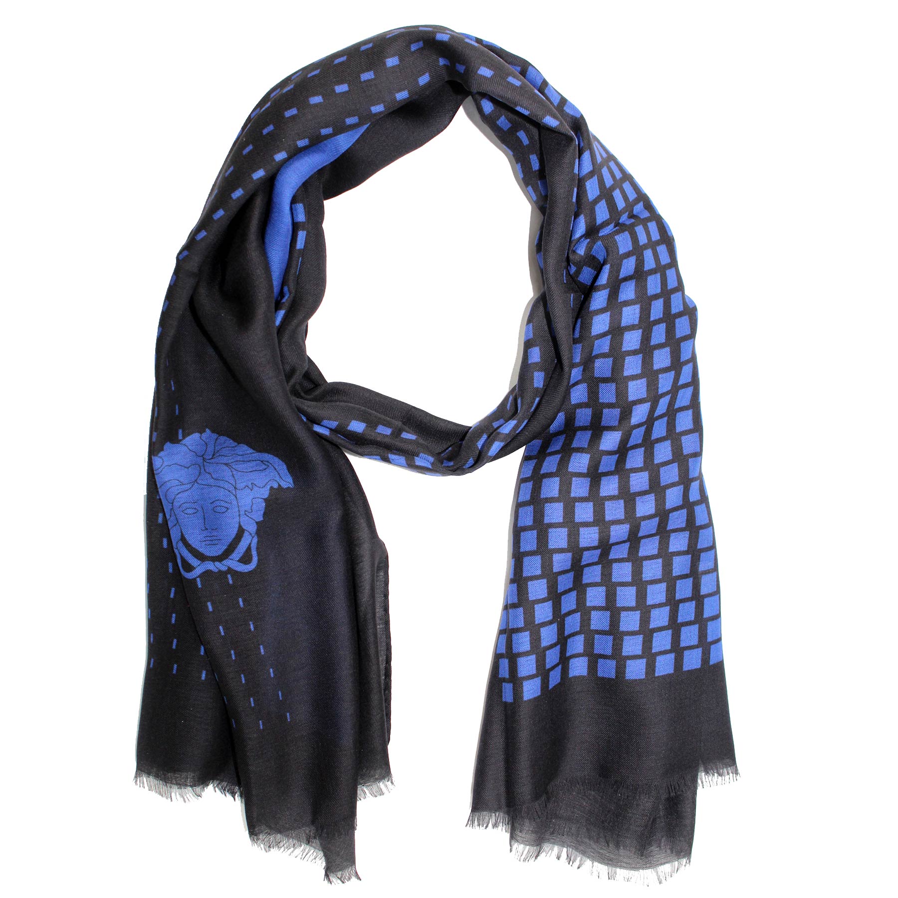 Versace Scarf Black Royal Blue Geometric & Medusa  - Modal Cashmere Shawl