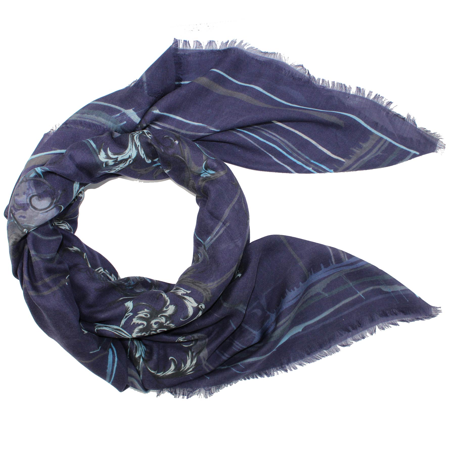 Versace Scarf Dark Blue Ornamental Large 55 Inch Square Shawl