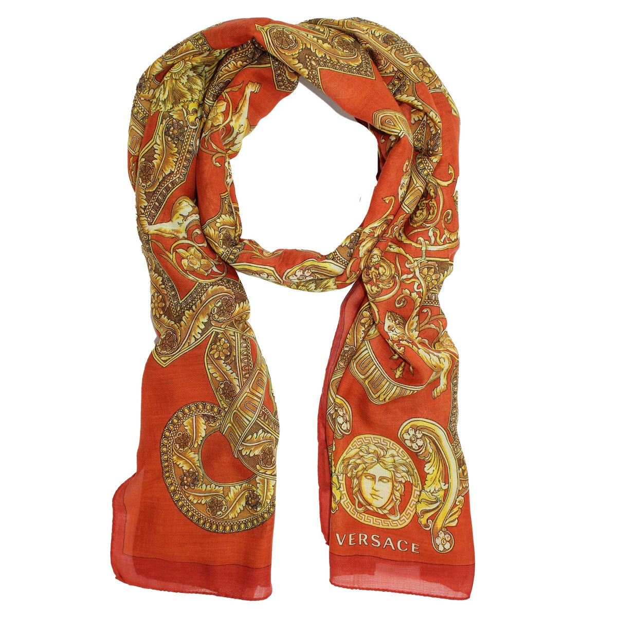 Versace Scarf Orange Gold Signature Baroque &amp; Medusa  - Wool Silk Shawl FINAL SALE