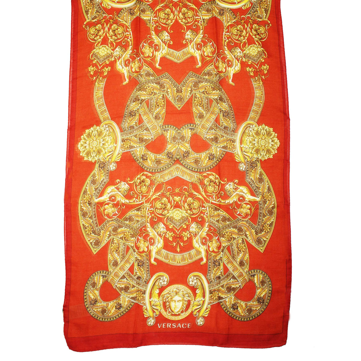Versace Scarf Orange Gold Signature Baroque &amp; Medusa  - Wool Silk Shawl FINAL SALE