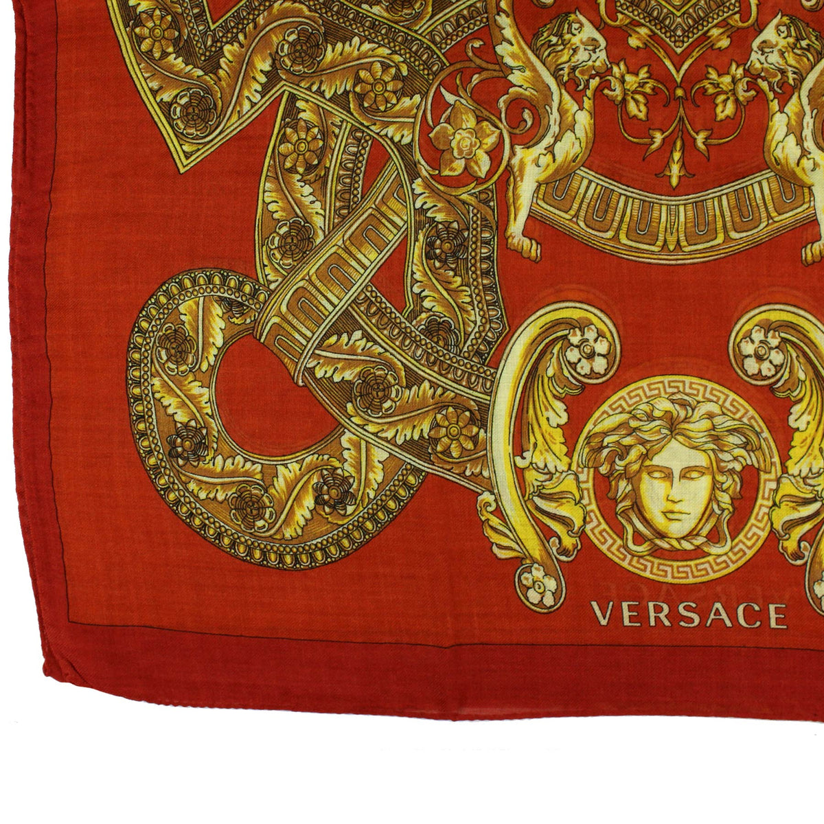 Versace Scarf Orange Gold Signature Baroque &amp; Medusa  - Wool Silk Shawl FINAL SALE