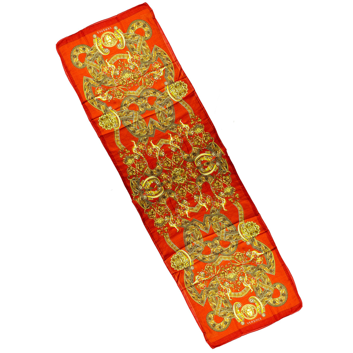 Versace Scarf Orange Gold Signature Baroque &amp; Medusa  - Wool Silk Shawl FINAL SALE