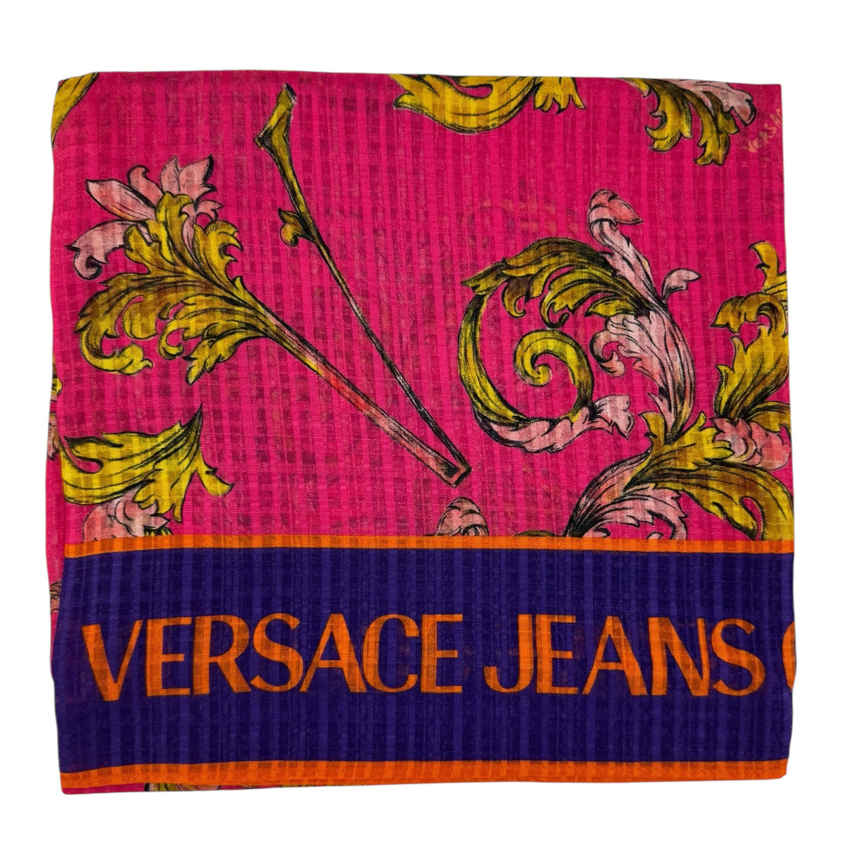 Versace Silk Square Scarf Purple Pink Orange Signature Design - Versace Jeans Couture
