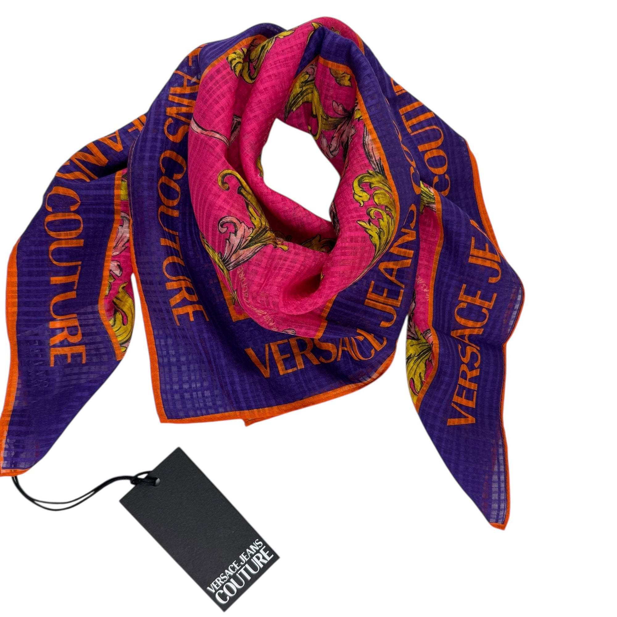 Versace Silk Square Scarf Purple Pink Orange Signature Design - Versace Jeans Couture