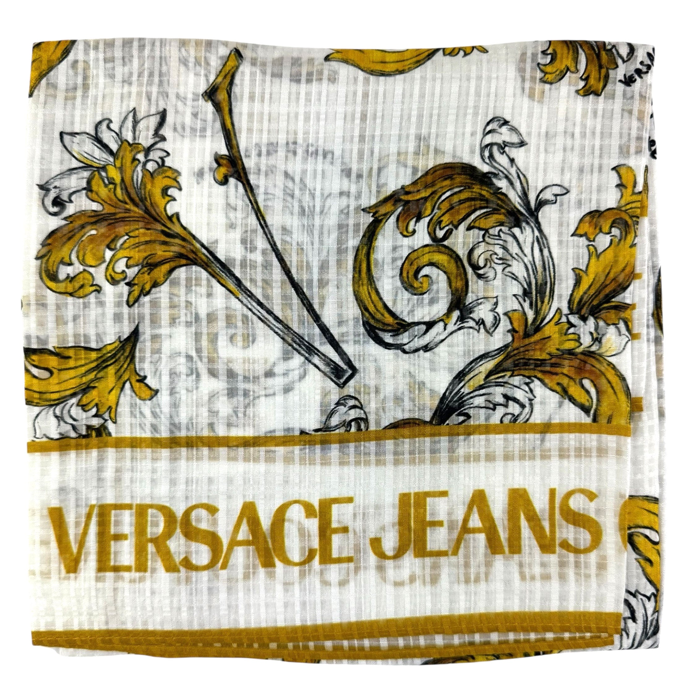 Versace Silk Square Scarf White Mustard-Gold Barocco Design