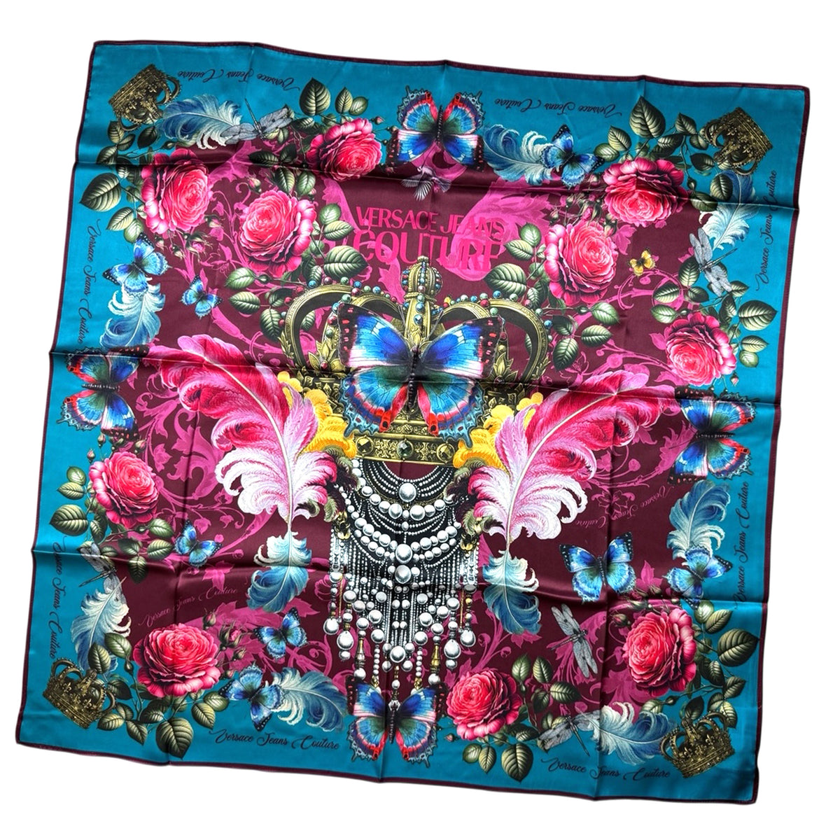 Versace Scarf Teal Pink Floral - Versace Jeans Couture Square Silk Foulard Genuine