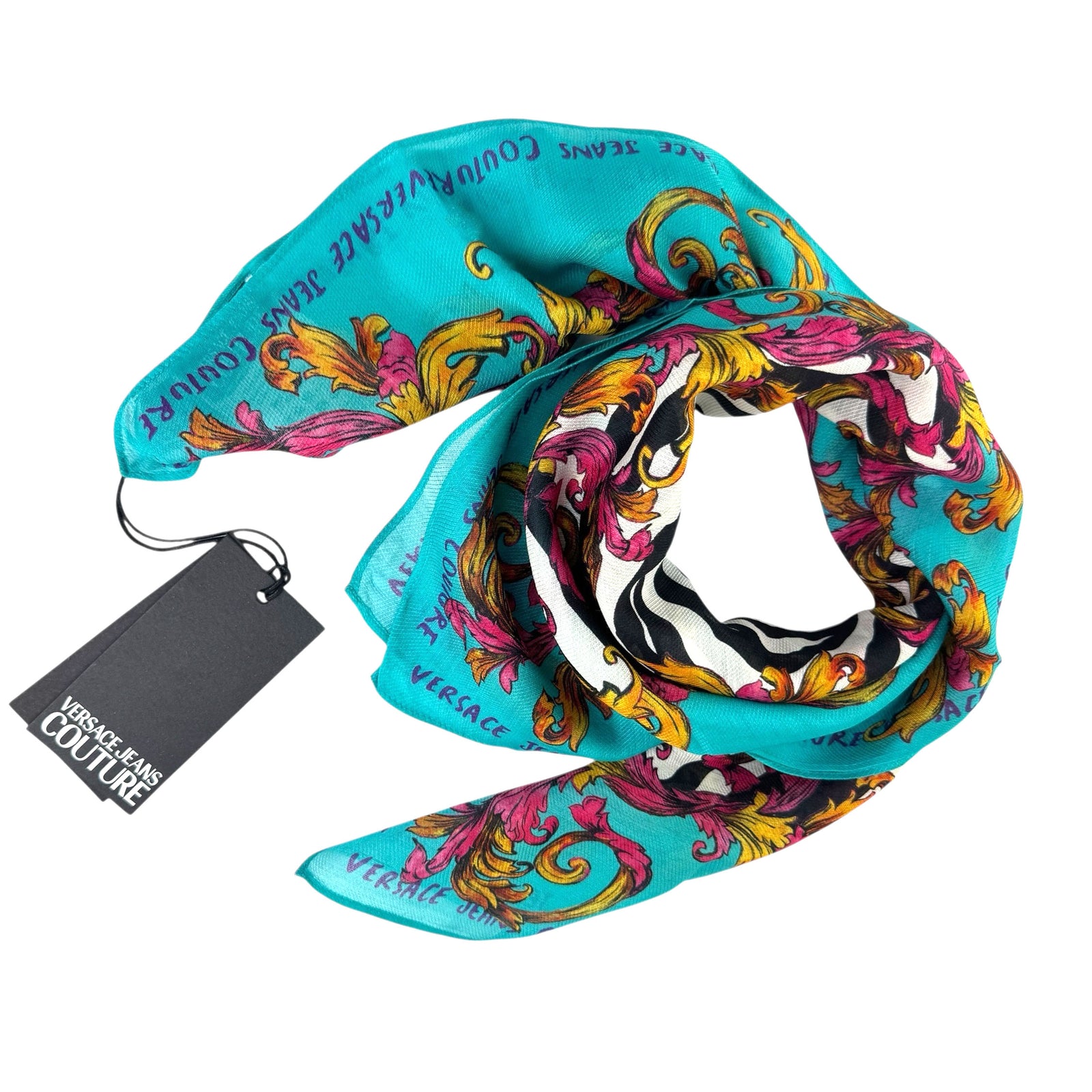 Versace Silk Square Scarf Aqua Barocco & Zebra Design - Versace Jeans Couture
