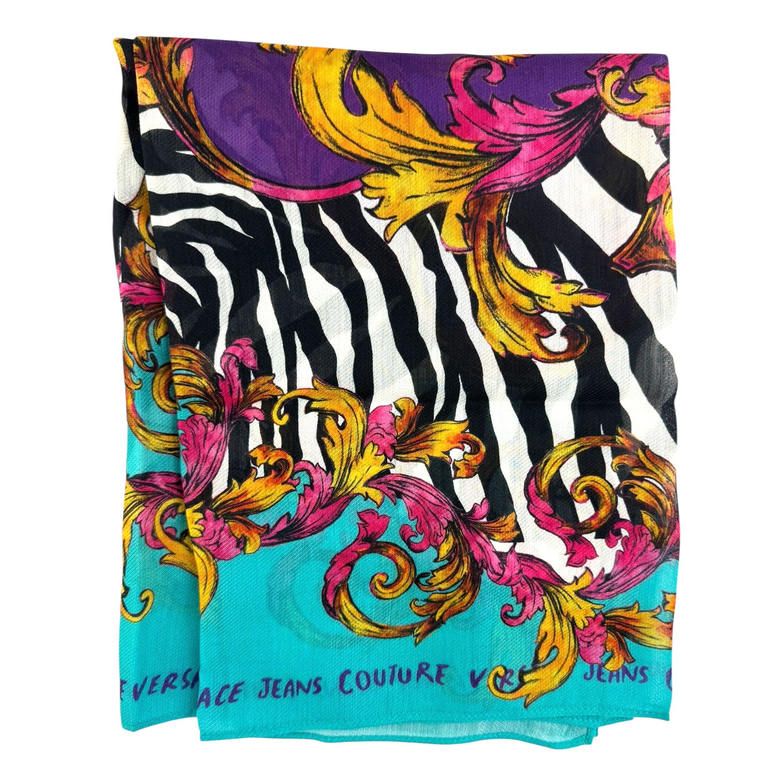 Versace Silk Square Scarf Aqua Barocco & Zebra Design - Versace Jeans Couture