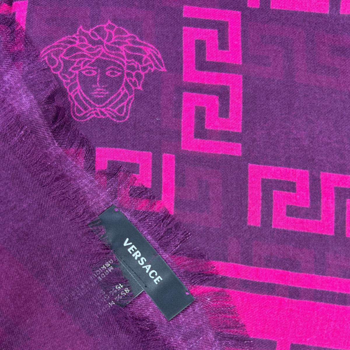 Versace Scarf Purple Pink Greek Knit &amp; Medusa Fringe - Extra Large Square Wrap