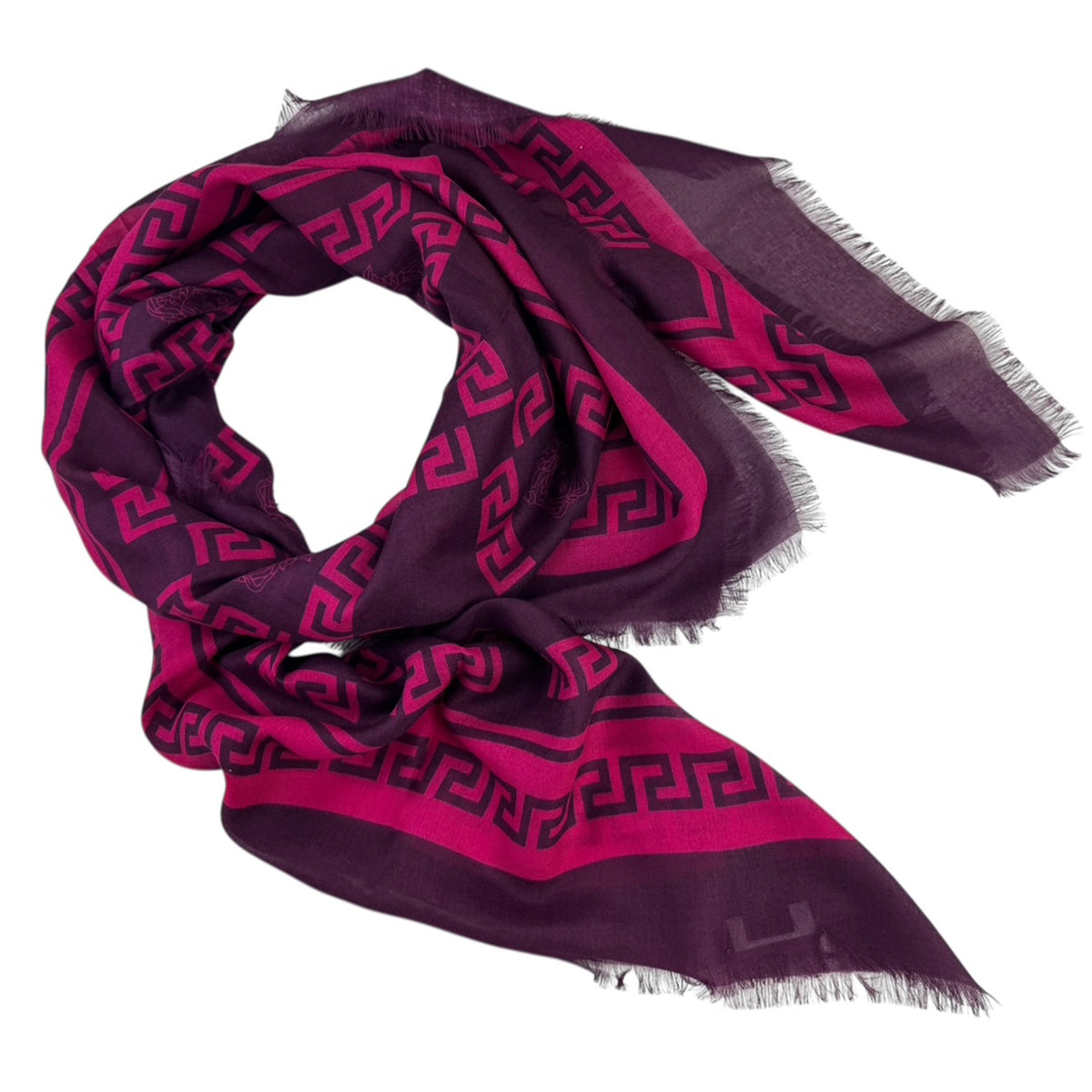 Versace Scarf Purple Pink Greek Knit &amp; Medusa Fringe - Extra Large Square Wrap