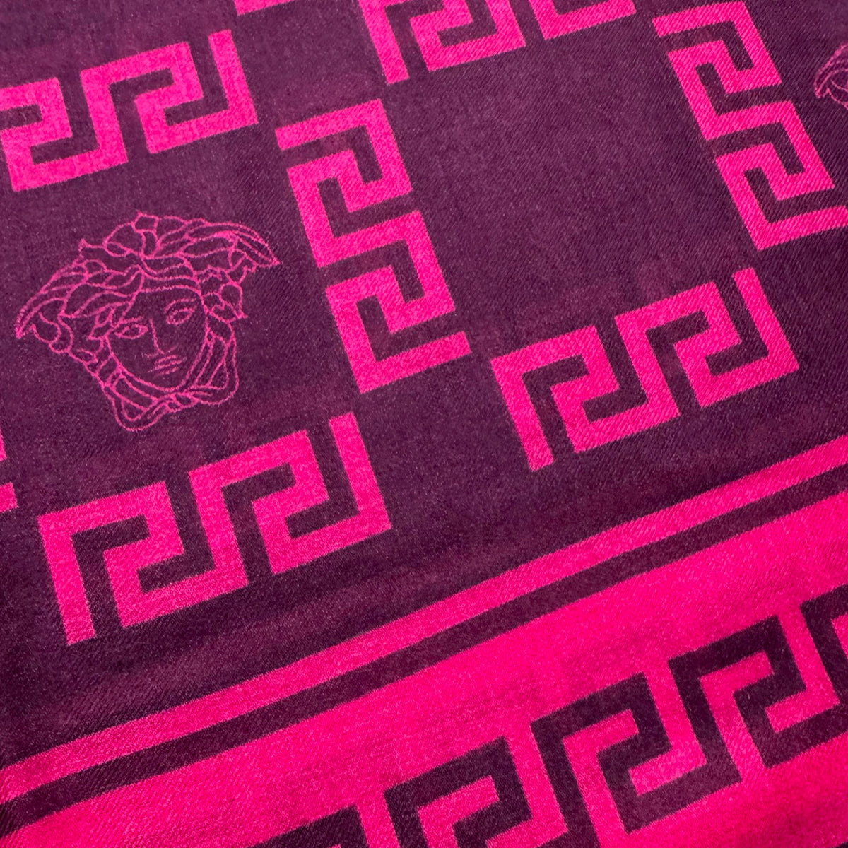 Versace Scarf Purple Pink Greek Knit &amp; Medusa Fringe - Extra Large Square Wrap
