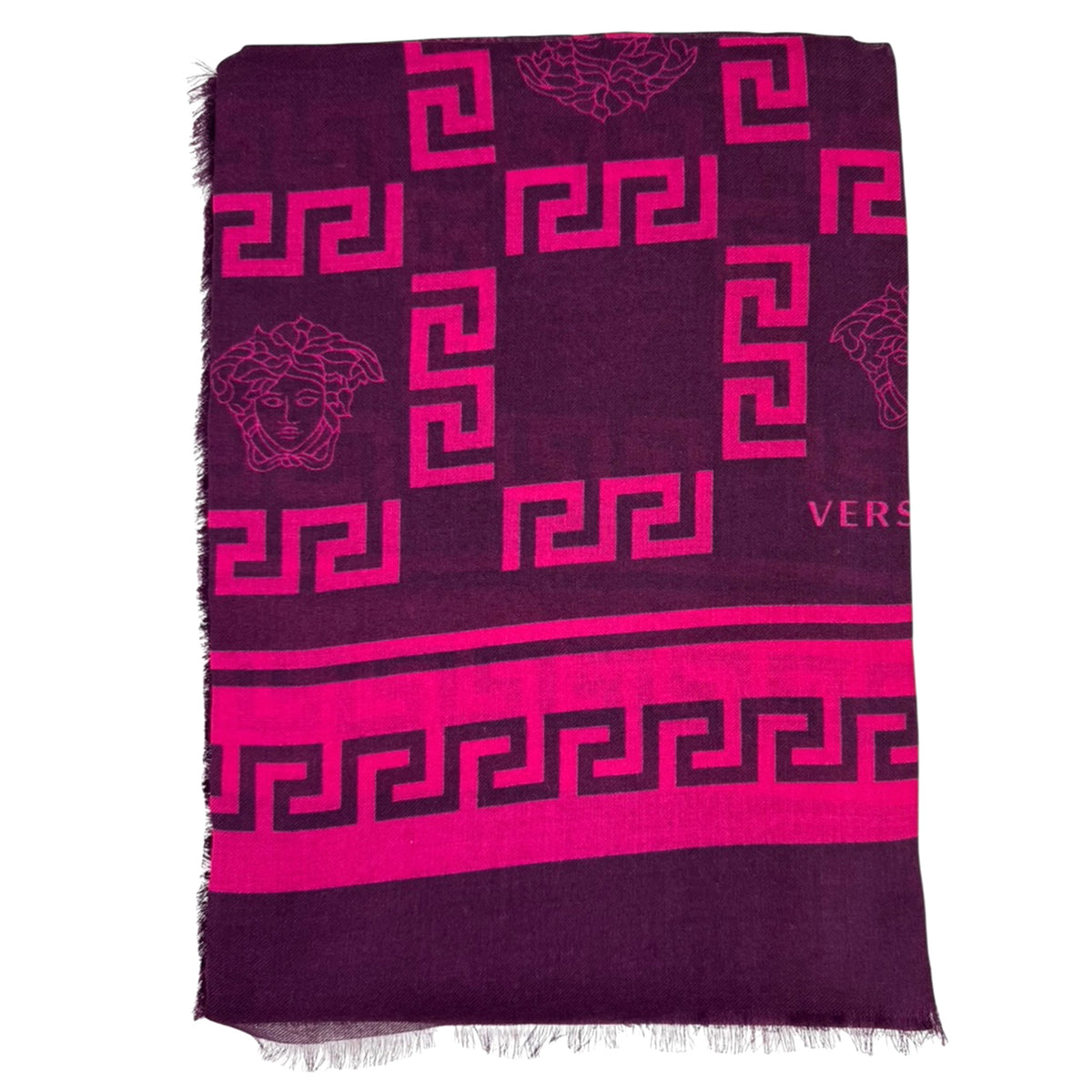 Versace Scarf Purple Pink Greek Knit &amp; Medusa Fringe 