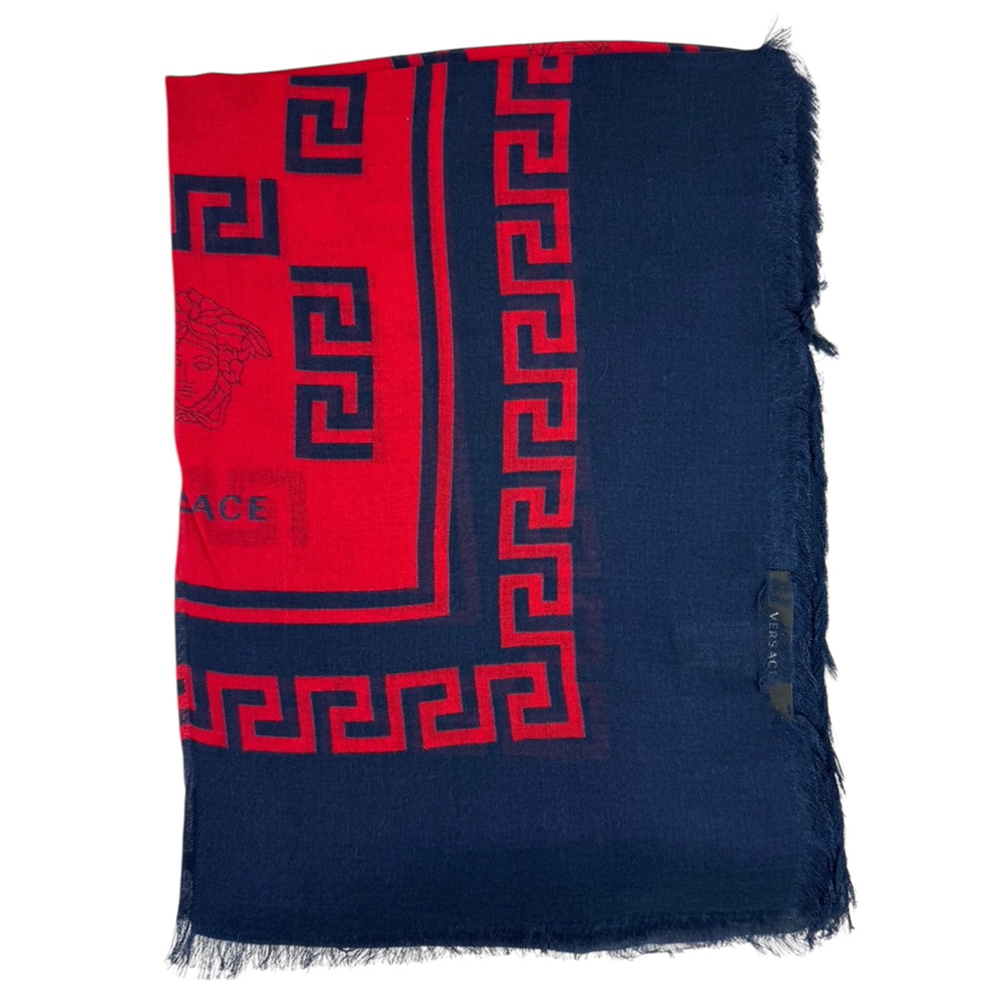 Versace Scarf Red Midnight Blue Greek Knit & Medusa Fringe - Extra Large Square Wrap