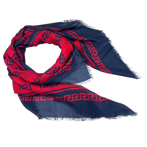Versace Scarf Red Midnight Blue Greek Knit & Medusa Fringe - Extra