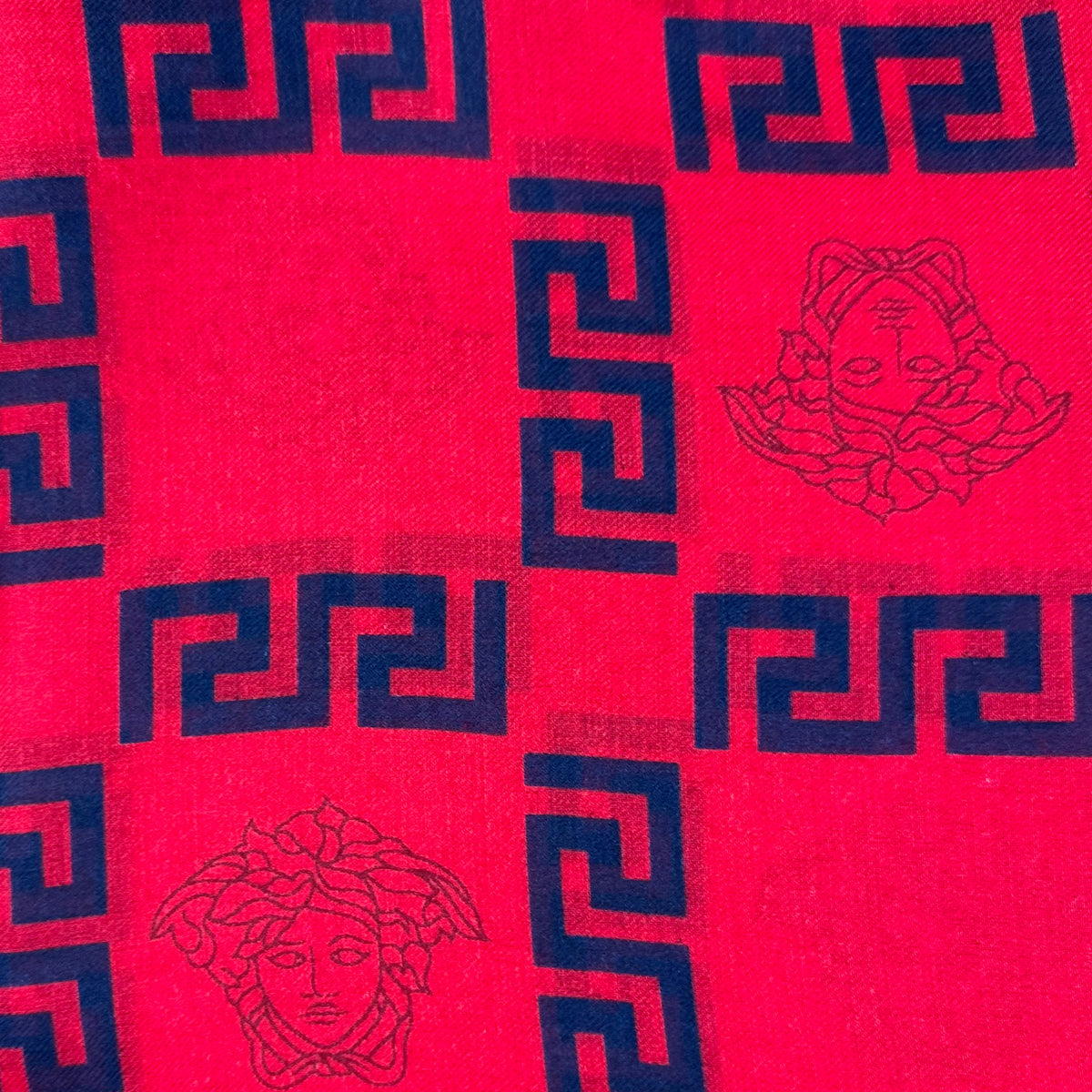 Versace Scarf Red Midnight Blue Greek Knit &amp; Medusa Fringe - Extra Large Square Wrap