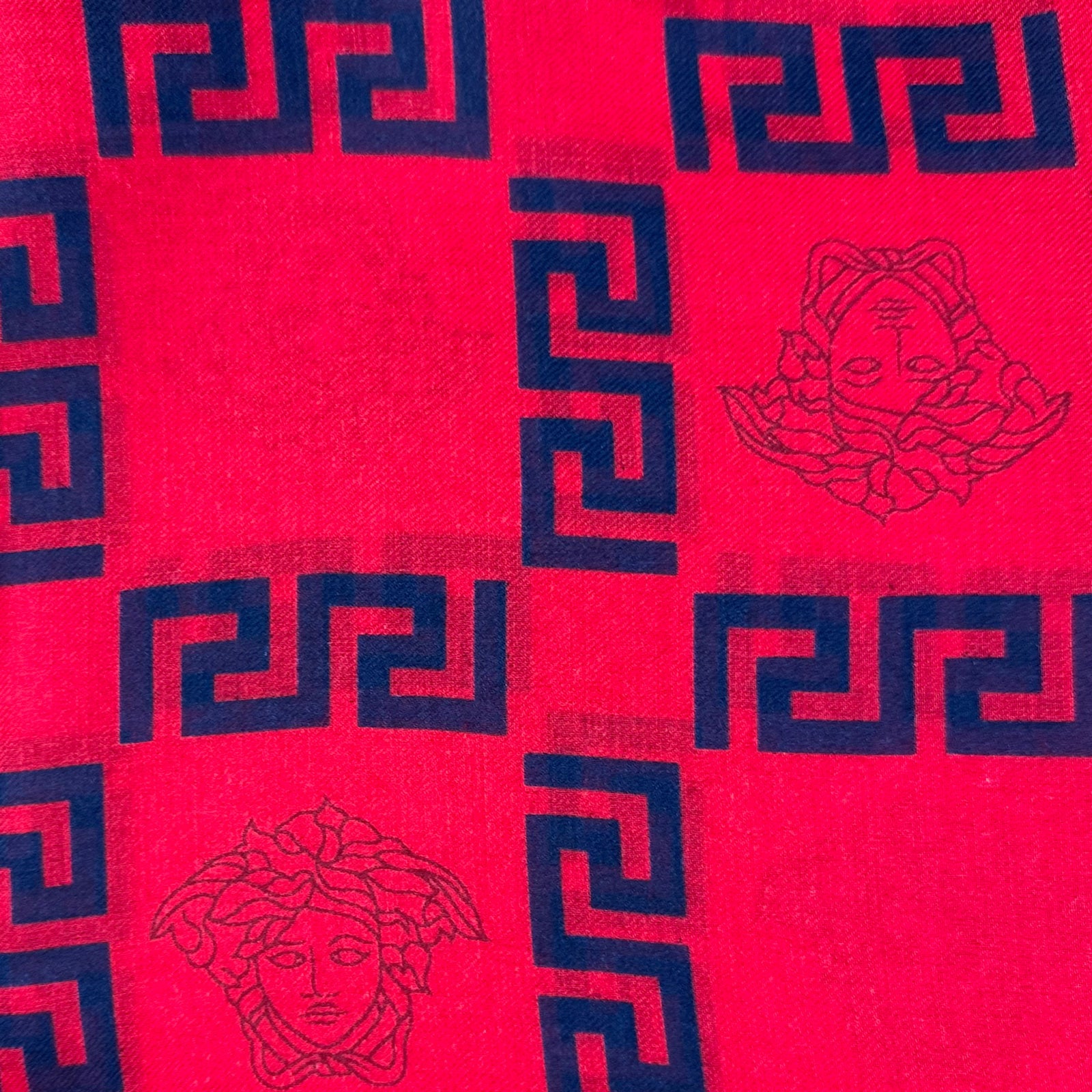 Versace Scarf Red Midnight Blue Greek Knit & Medusa Fringe - Extra Large Square Wrap