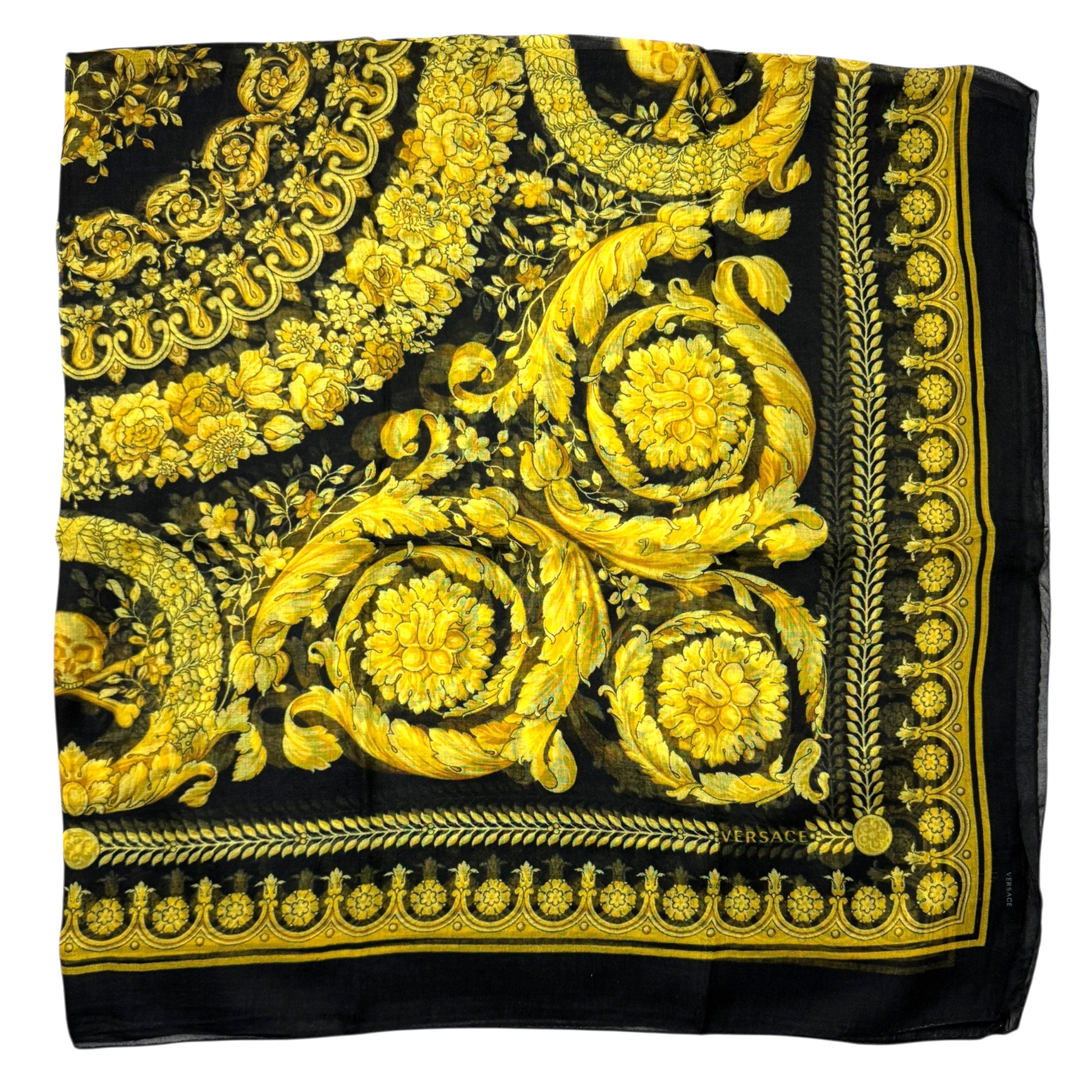 VERSACE ステゴロパンチャーズ Versace Scarf Black Gold Barocco & Skulls - Extra Large Square