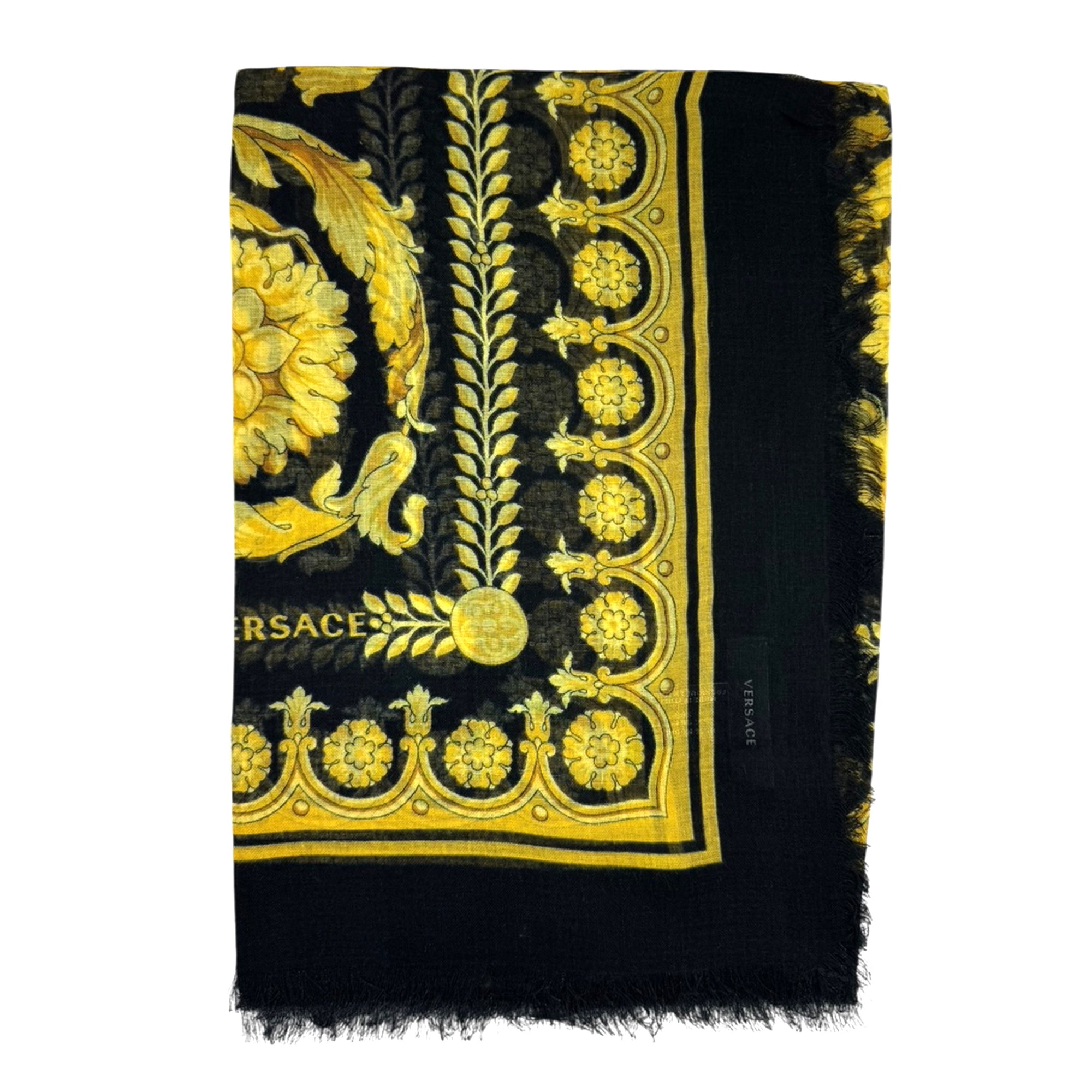 Versace Scarf Black Gold Barocco Fringe - Extra Large Square Wrap
