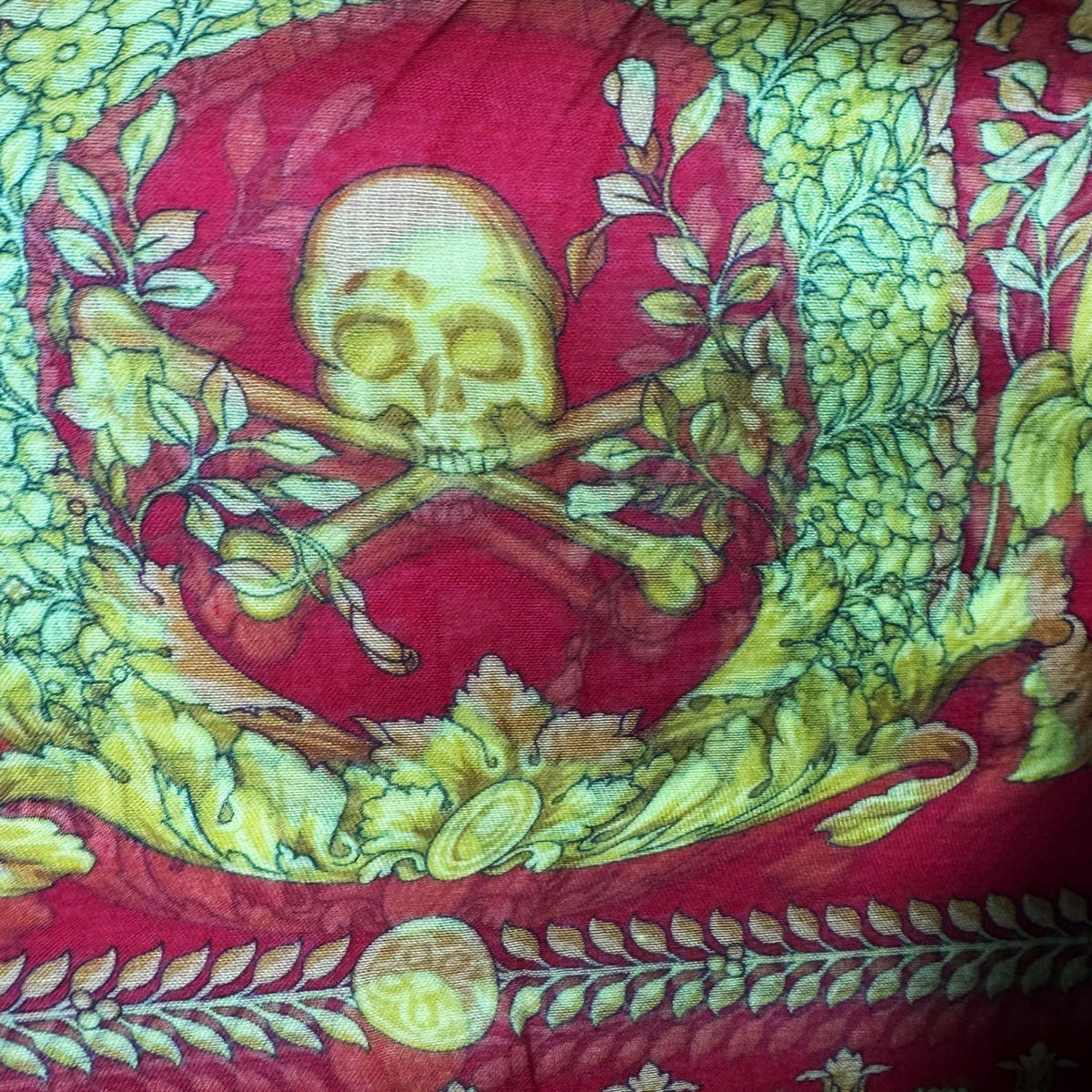 Versace Scarf Red Gold Barocco &amp; Skulls Fringe - Extra Large Square Wrap