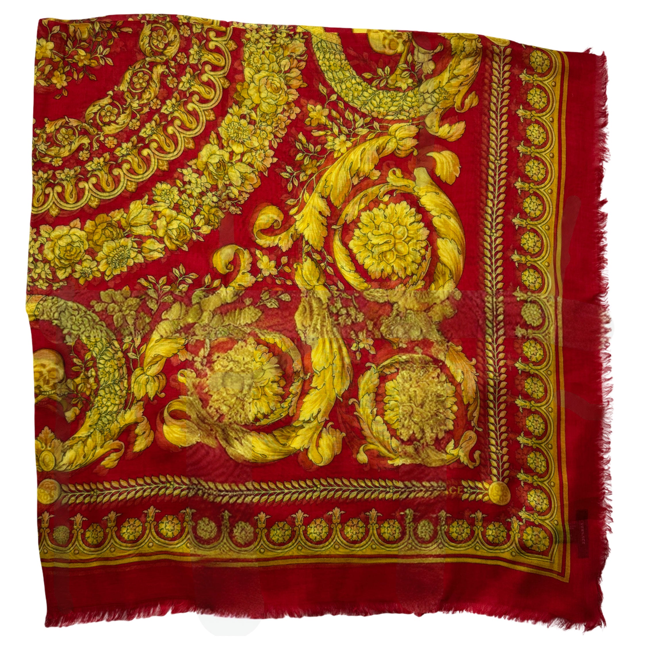 Versace Scarf Red Gold Barocco & Skulls Fringe - Extra Large