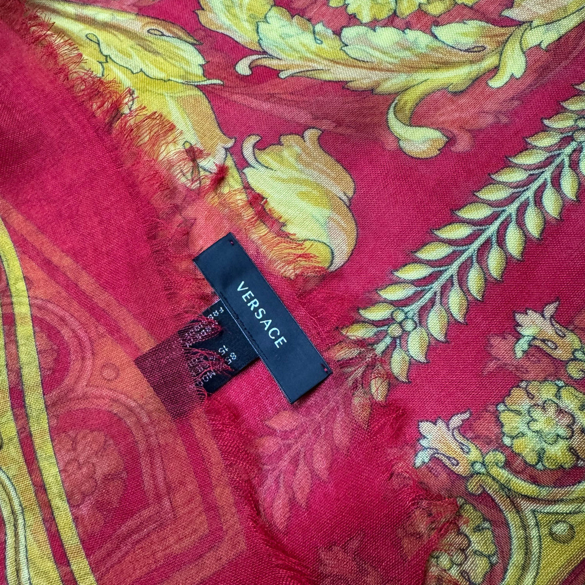 Versace Scarf Red Gold Barocco &amp; Skulls Fringe - Extra Large Square Wrap