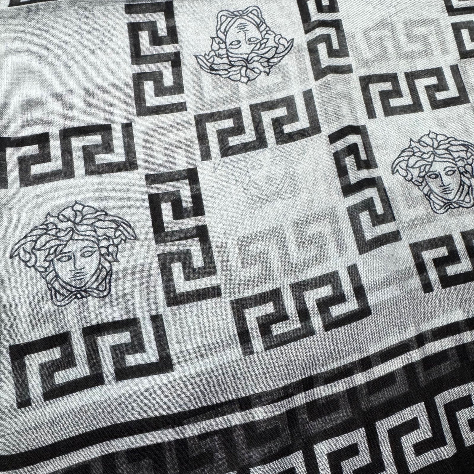 Versace Scarf Black Gray Greek Knit & Medusa Fringe - Extra Large Square Wrap