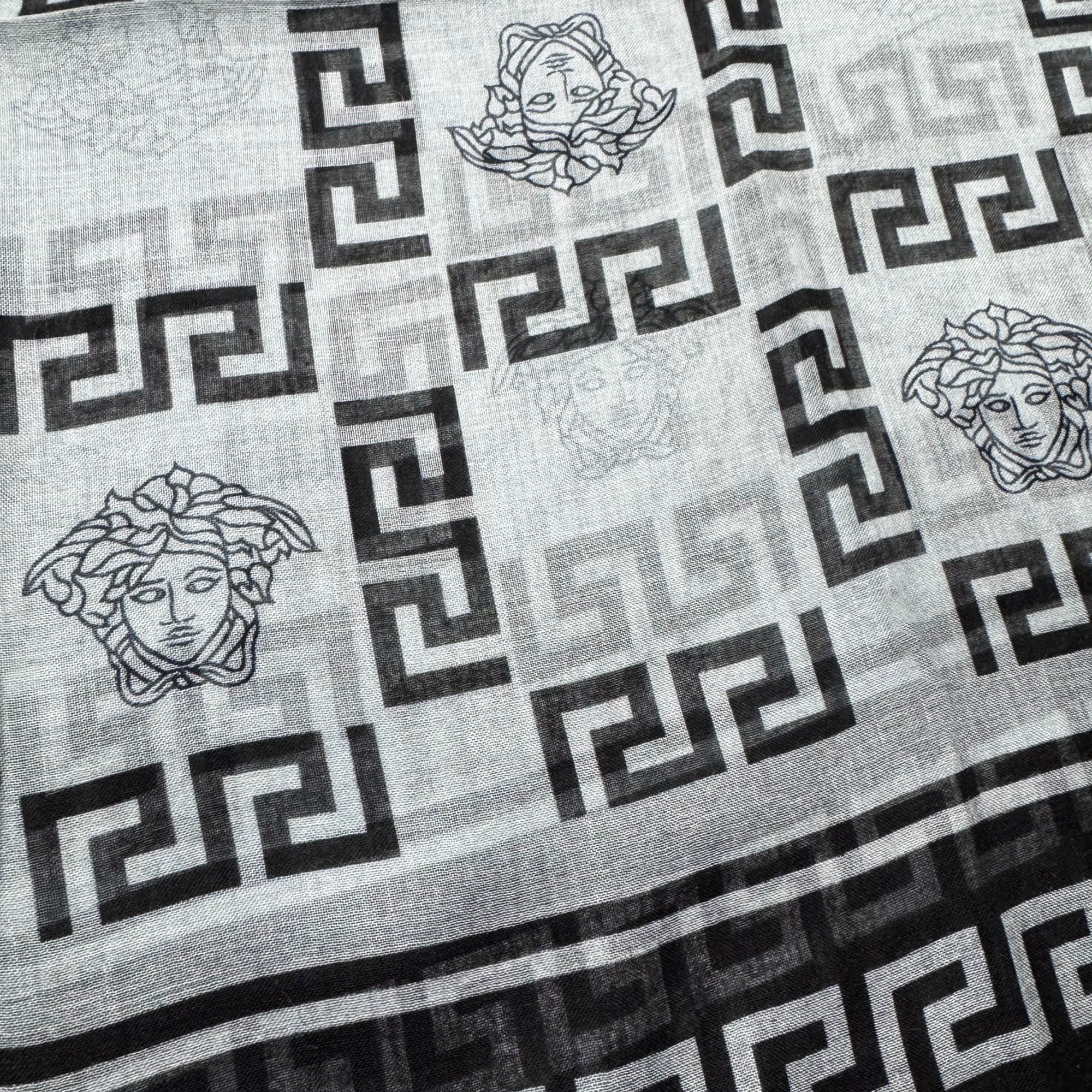 Versace Scarf Black Gray Greek Knit & Medusa Fringe - Extra Large Square Wrap