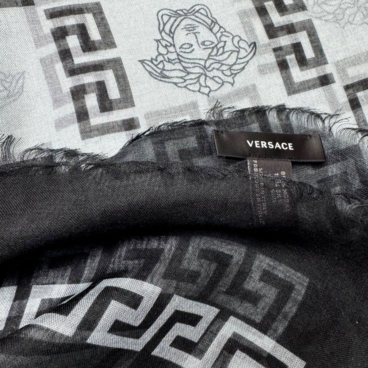Versace Scarf Black Gray Greek Knit &amp; Medusa Fringe - Extra Large Square Wrap