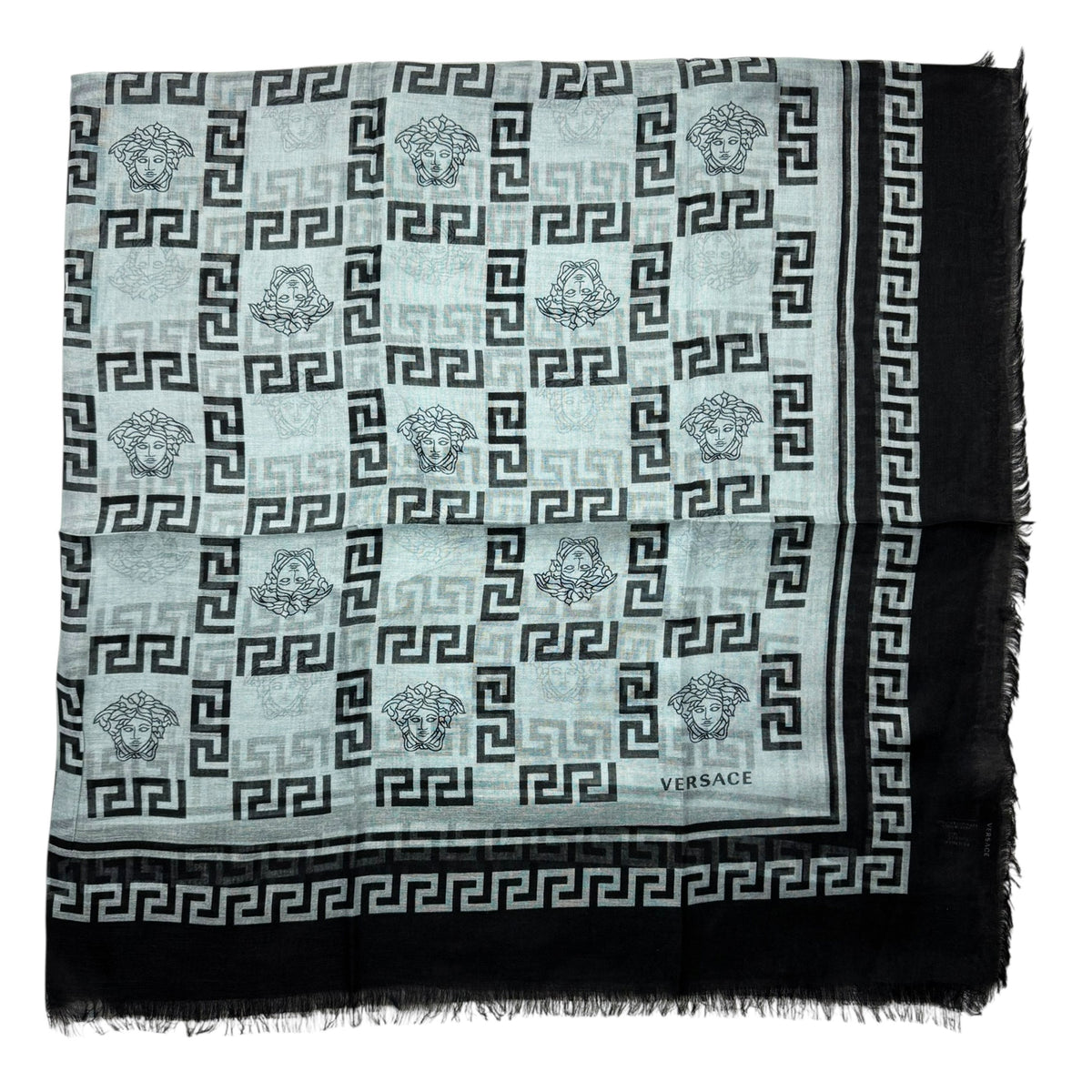 Versace Scarf Black Gray Greek Knit &amp; Medusa Fringe - Extra Large Square Wrap