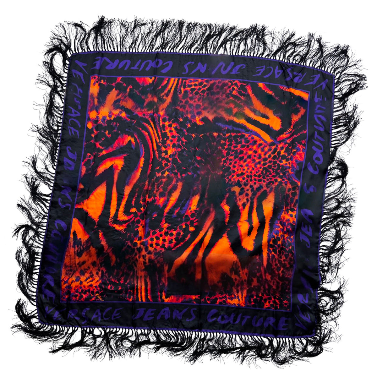 Versace Silk Square Scarf Fire Red Animalier Fringe - Versace Jeans Couture