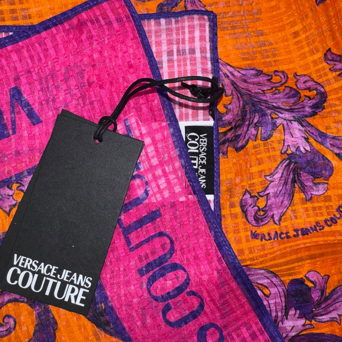 Versace Silk Square Scarf Orange Purple Hot Pink Barocco Design - Versace Jeans Couture