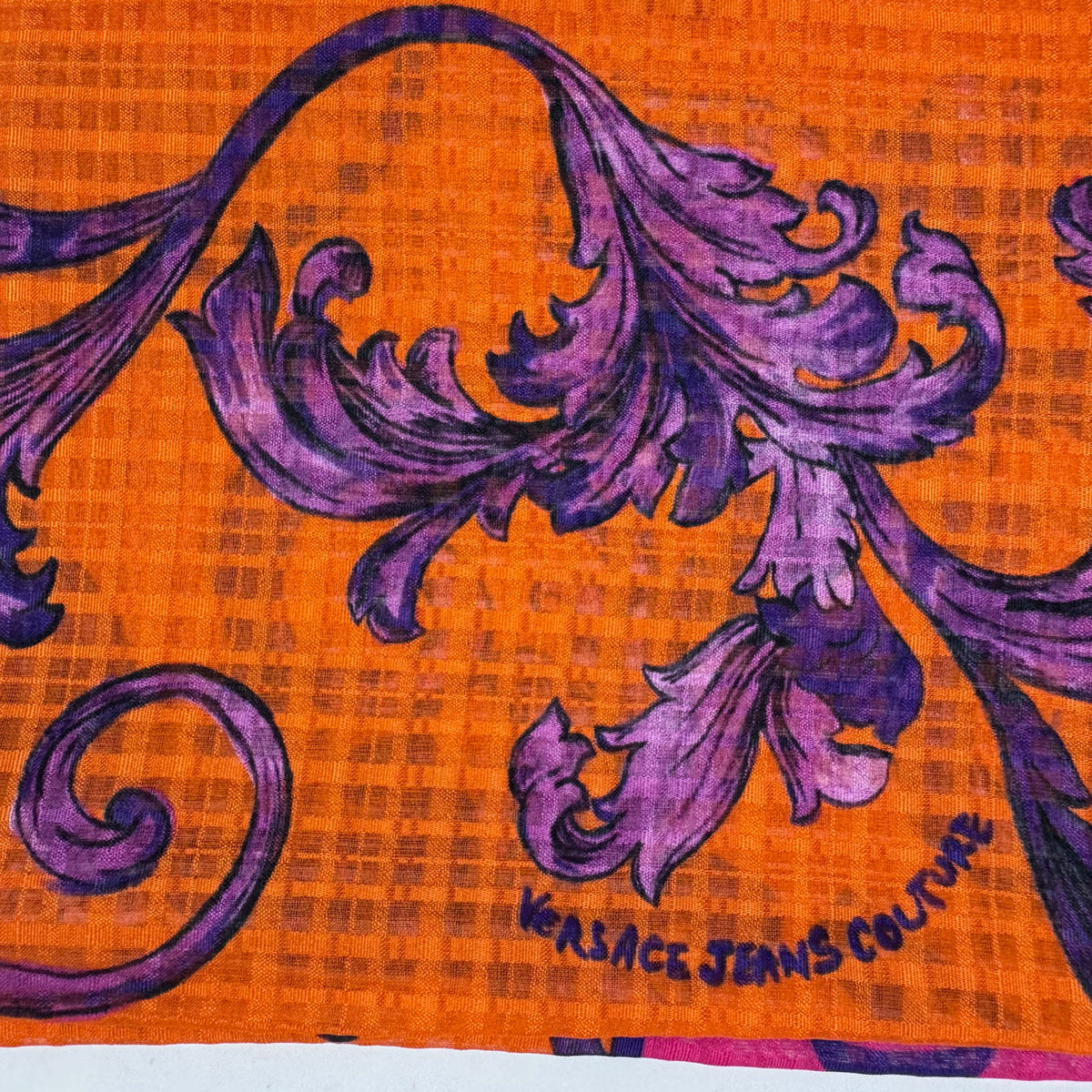 Versace Silk Square Scarf Orange Purple Hot Pink Barocco Design - Versace Jeans Couture