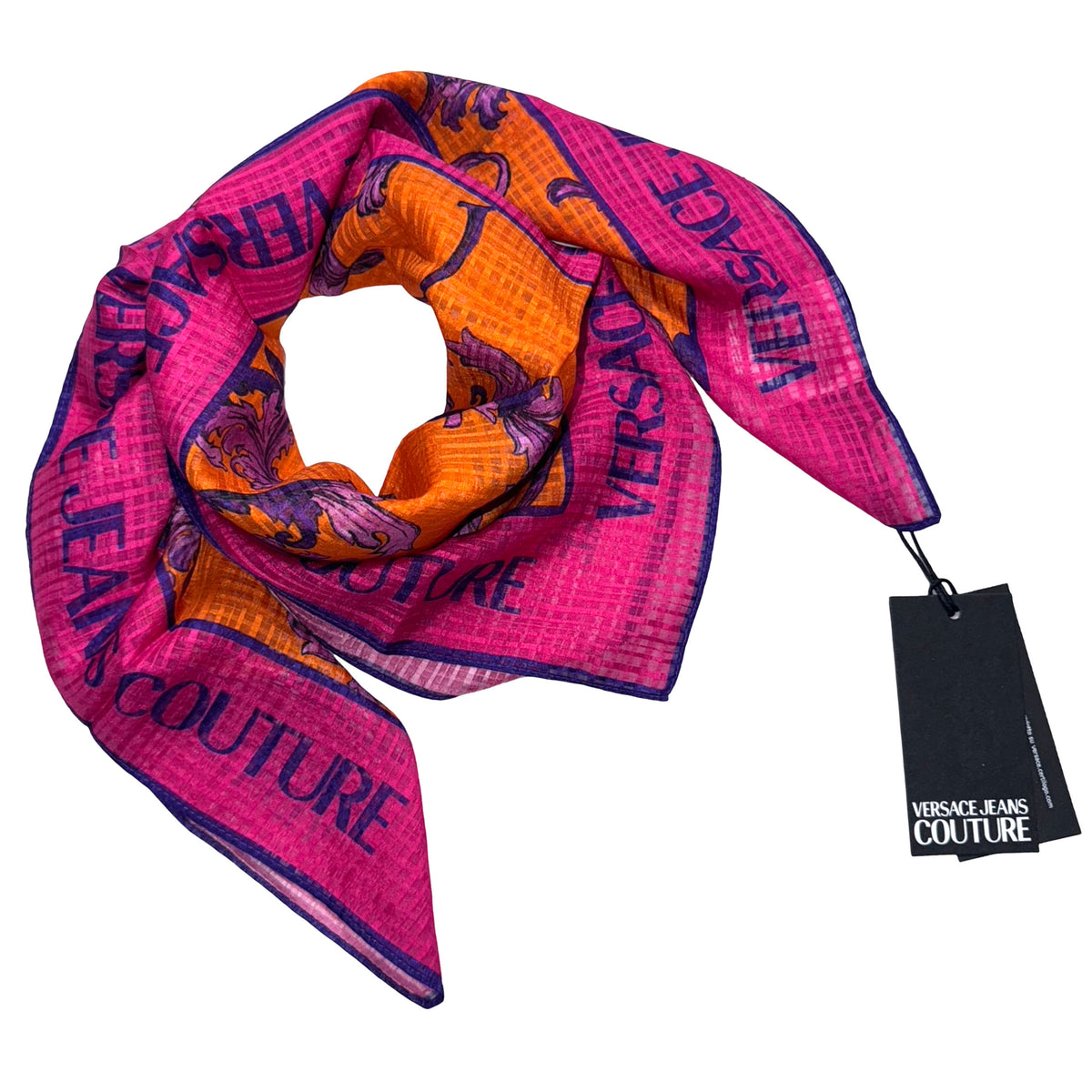 Versace Silk Square Scarf Orange Purple Hot Pink Barocco Design - Versace Jeans Couture