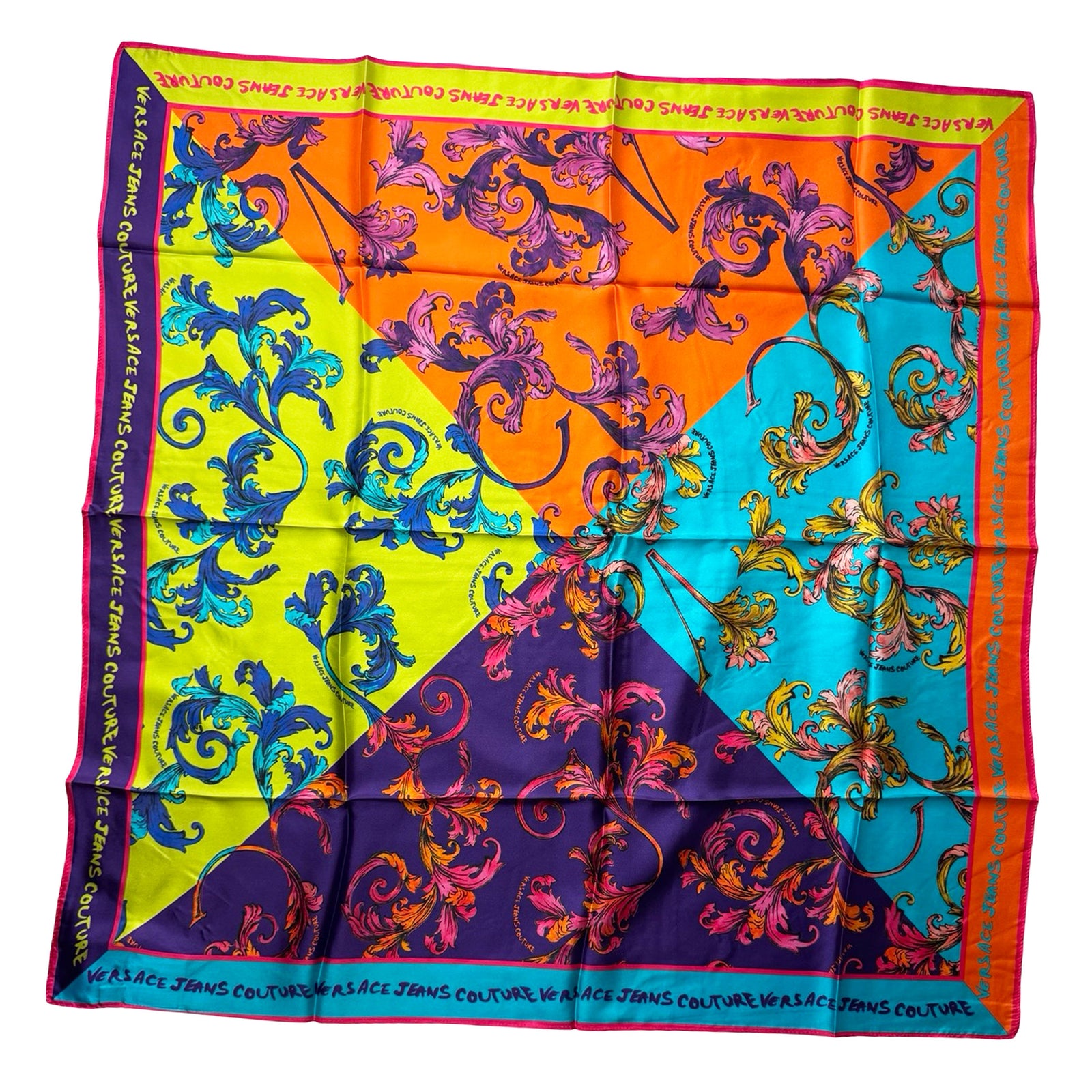 Versace Silk Square Scarf Lime Purple Barocco Mix Design - Versace Jeans Couture