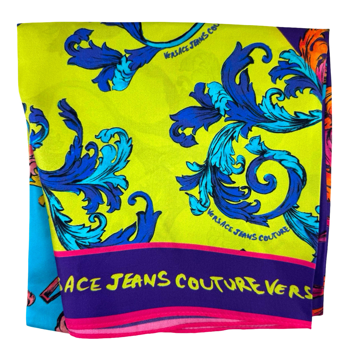Versace Silk Square Scarf Lime Purple Barocco Mix Design - Versace Jeans Couture