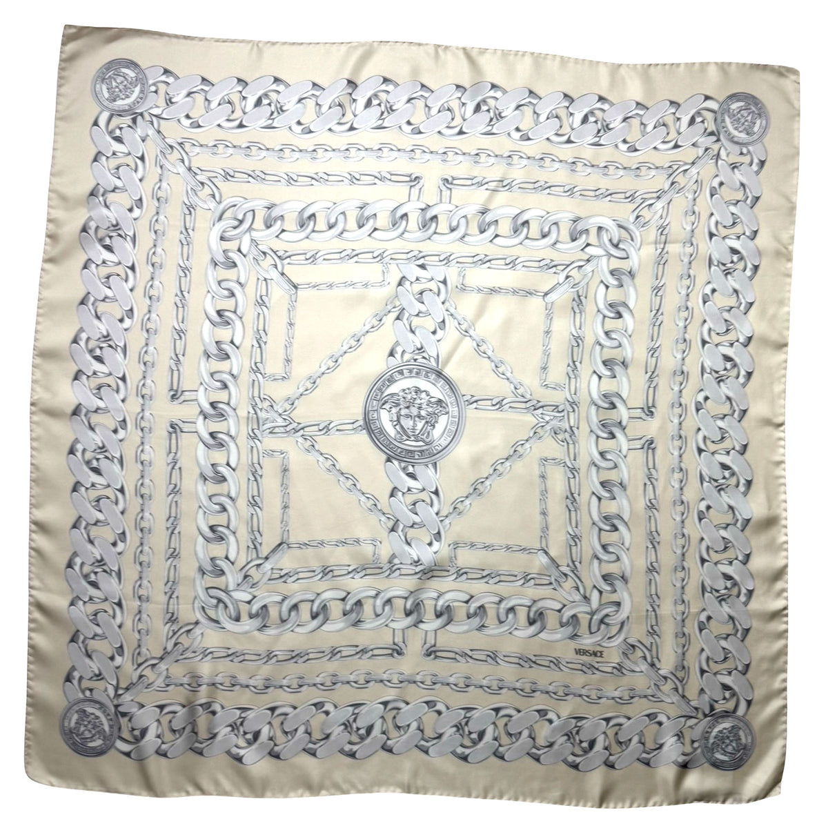 Versace Scarf Tan Gray-Silver Chain &amp; Medusa Charms - Twill Silk Square Foulard