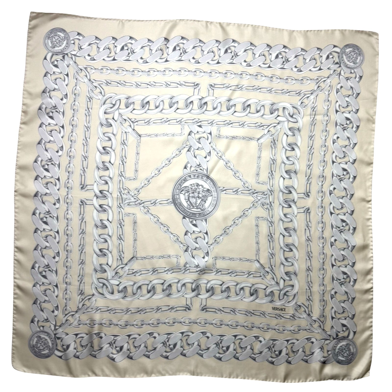 Versace Scarf Tan Gray-Silver Chain & Medusa Charms - Twill Silk Square Foulard
