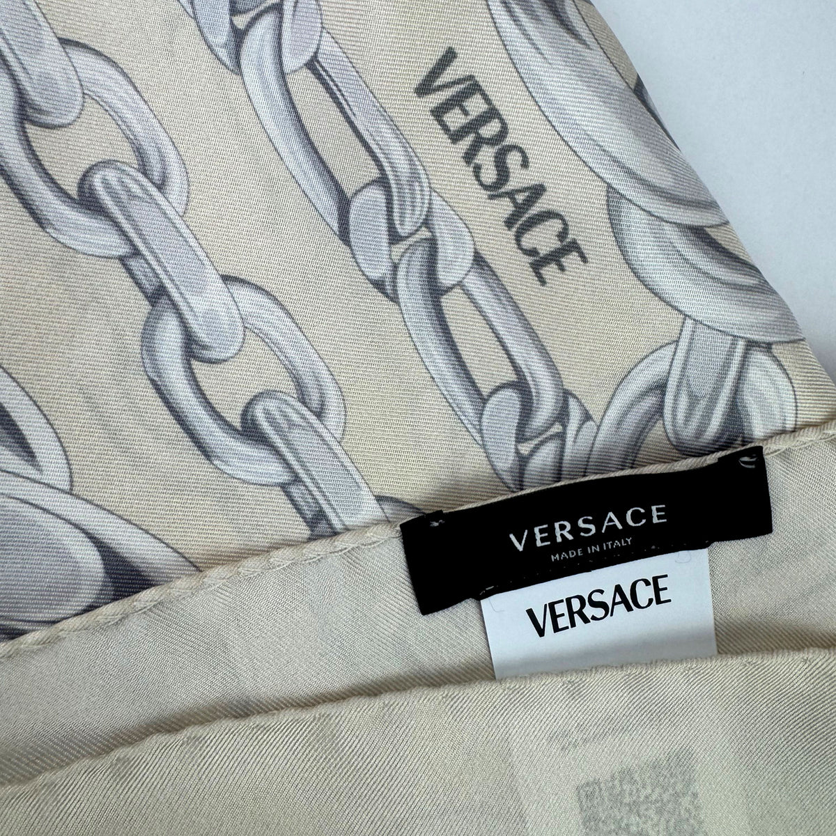 Versace Scarf Tan Gray-Silver Chain &amp; Medusa Charms - Twill Silk Square Foulard