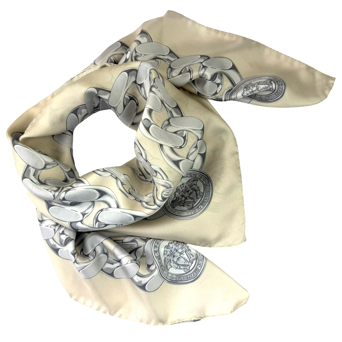 Versace Scarf Tan Gray-Silver Chain &amp; Medusa Charms