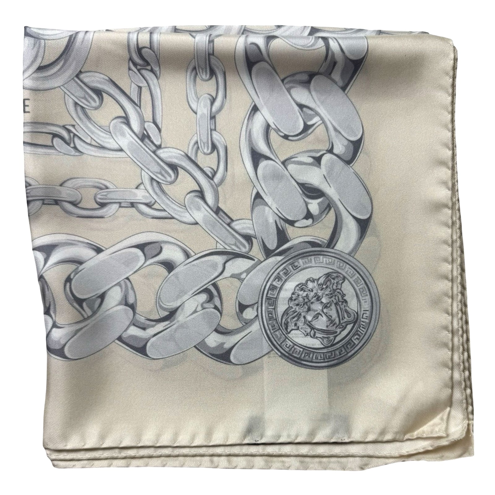 Versace Scarf Tan Gray-Silver Chain & Medusa Charms - Twill Silk Square Foulard