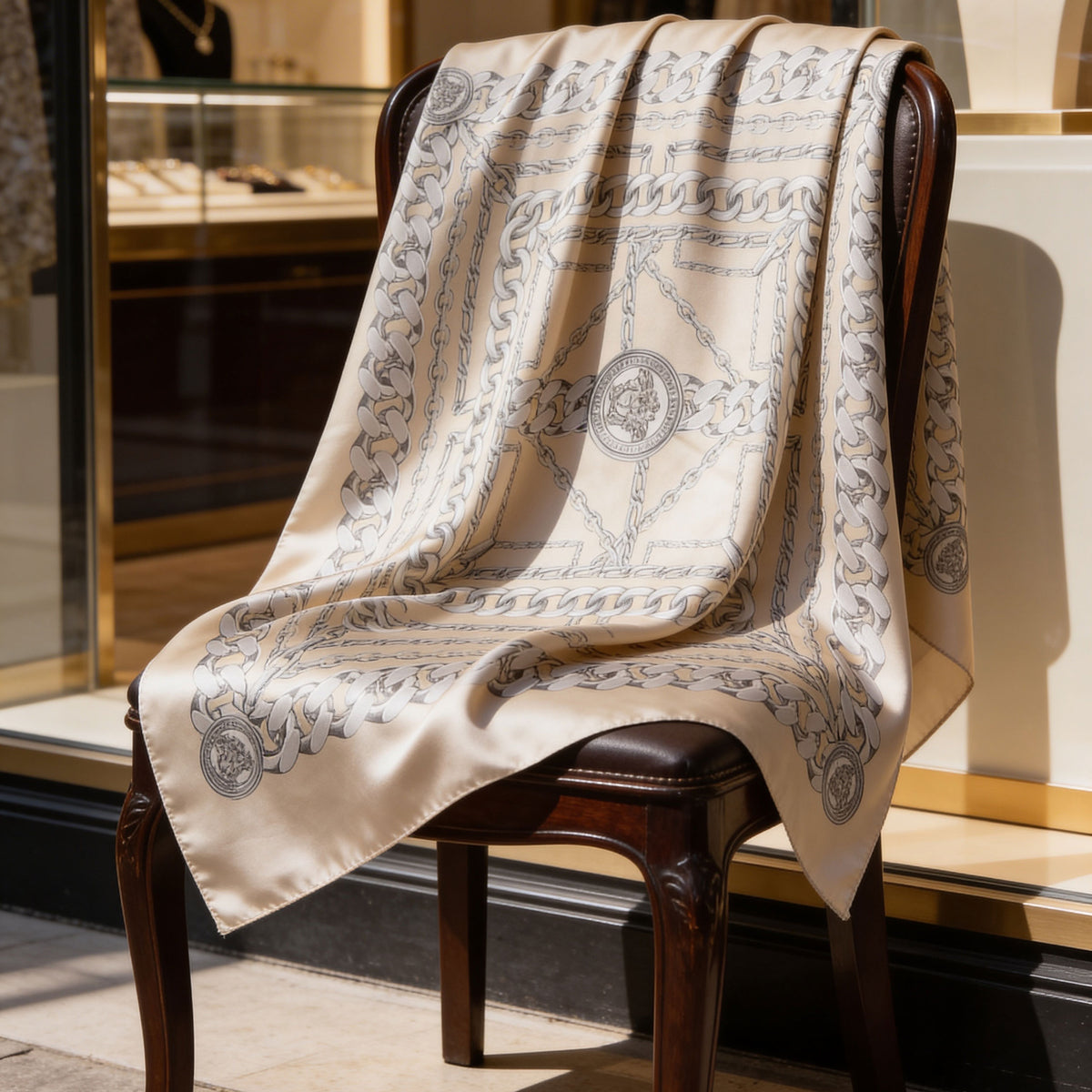 Versace Scarf Tan Gray-Silver Chain &amp; Medusa Charms - Twill Silk Square Foulard