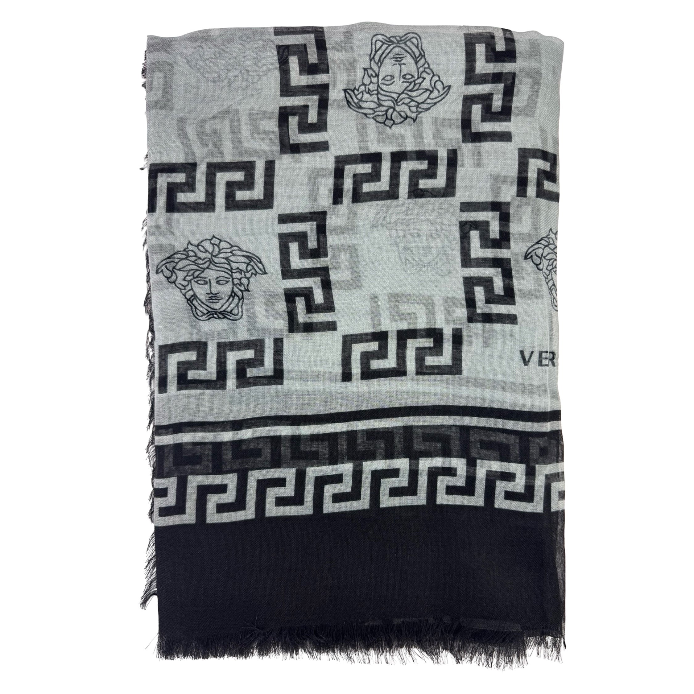 VERSACE ギリシャ模様 マフラー Versace Scarf Black Gray Greek Knit & Medusa Design - Extra Large