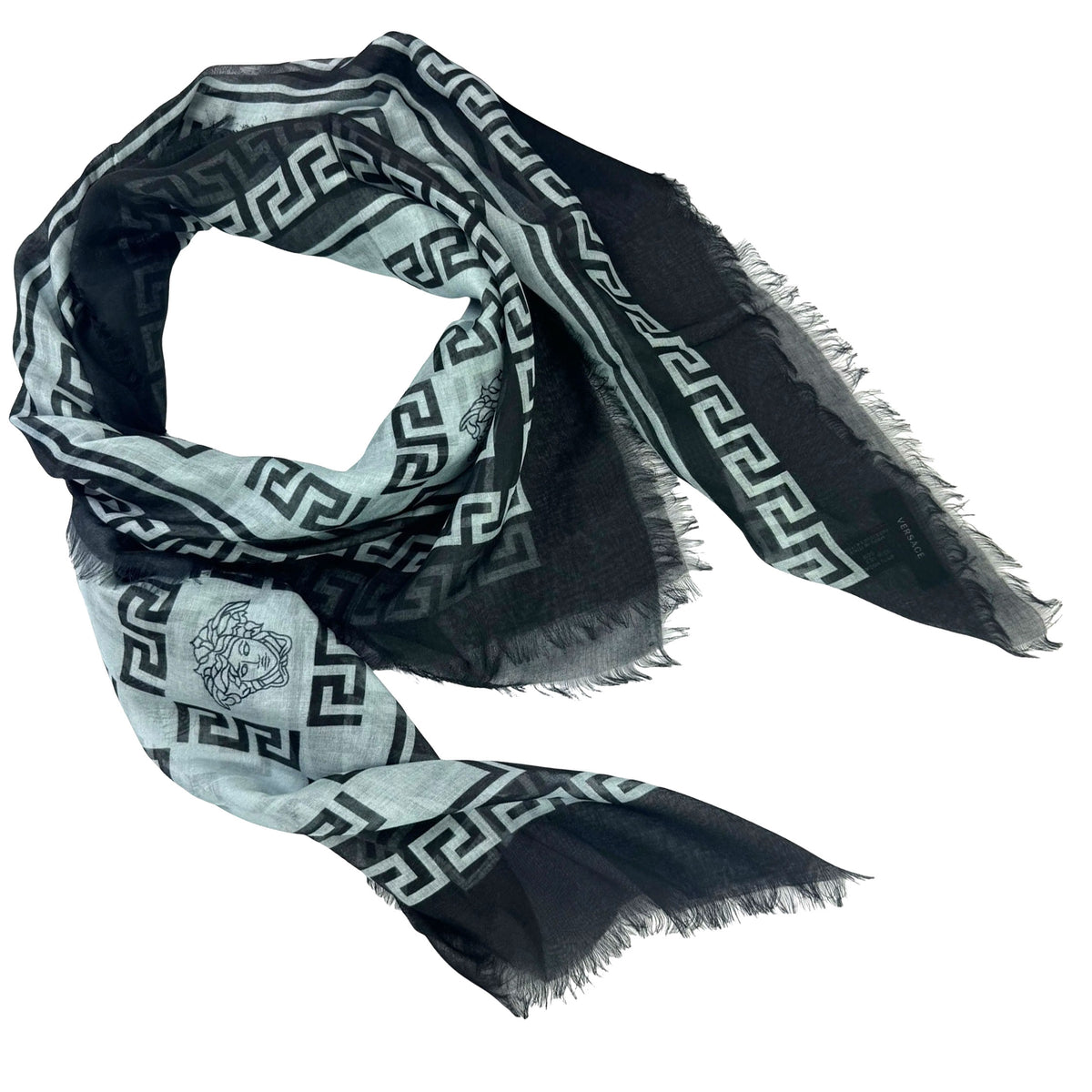 Versace Scarf Black Gray Greek Knit &amp; Medusa Design - Extra Large Square Wrap SALE