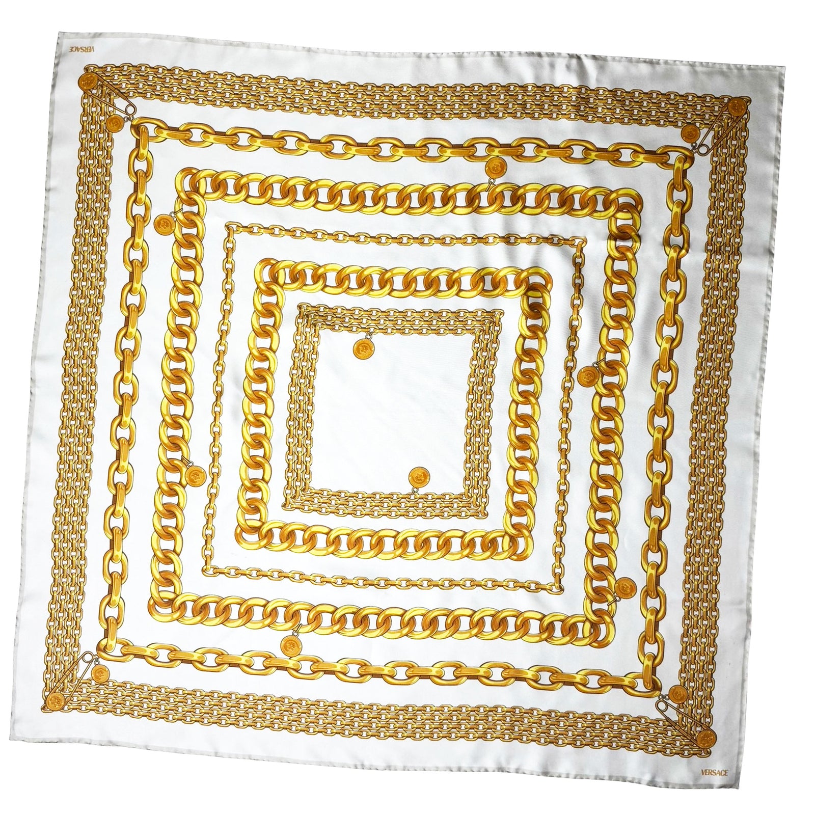 Versace Scarf Gray Gold Chain Charm - Twill Silk Square Foulard