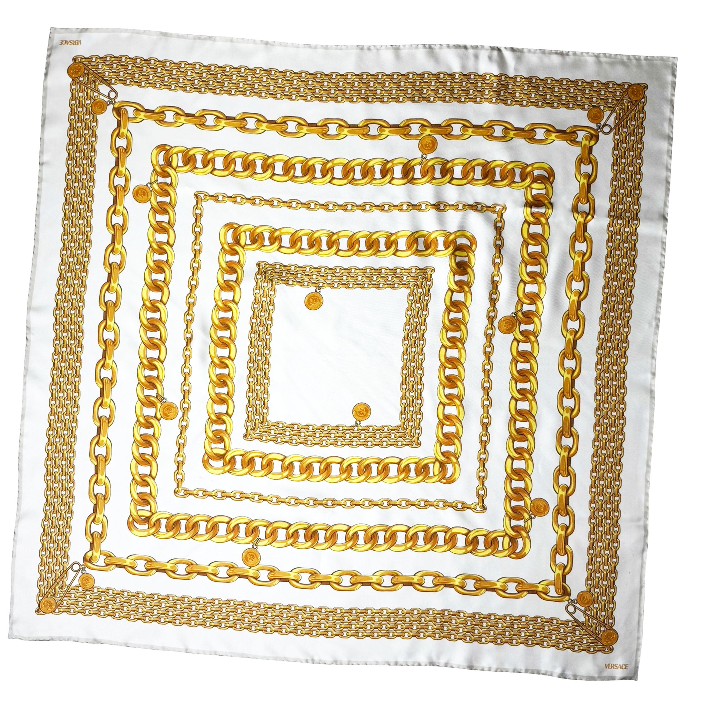 Versace Scarf Gray Gold Chain Charm - Twill Silk Square Foulard